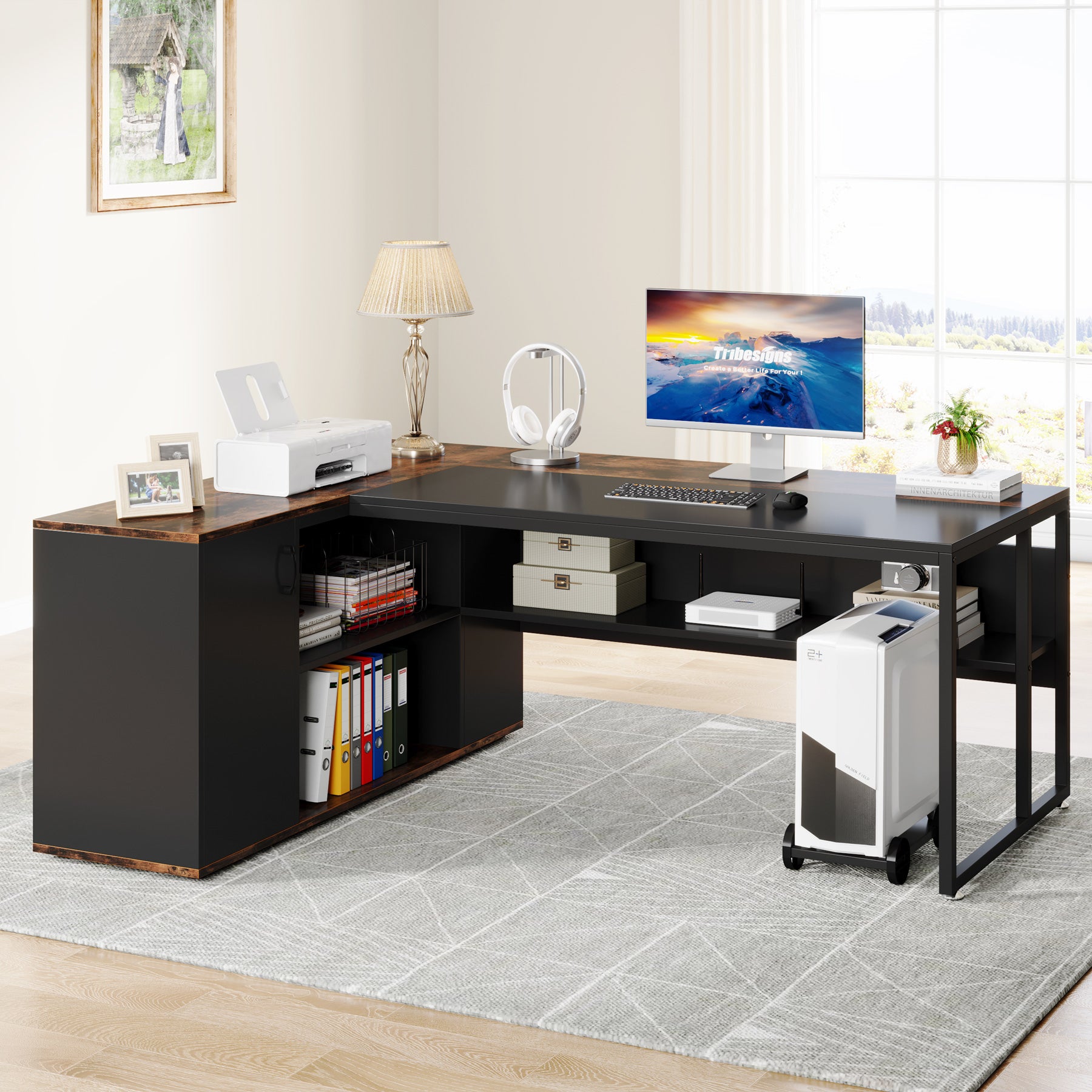 Large L-Shaped Desk, 71 inch Executive Desk with Shelves & Cabinet