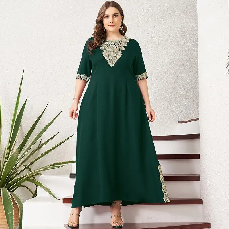 New Summer Maxi Dress Women Plus Size Vintage Lace Patchwork Split Hem Solid Green Half Sleeve Party Prom Long Suelto Dresses
