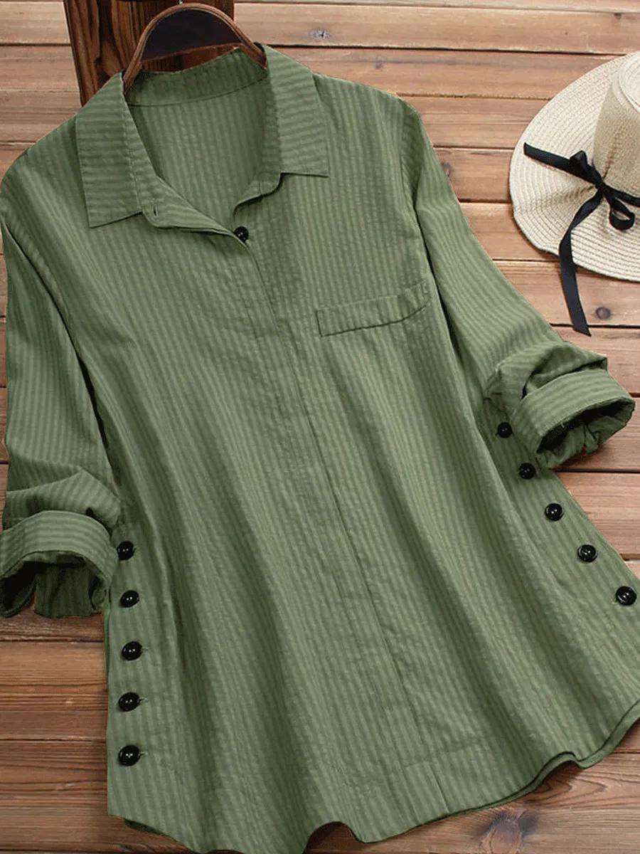 Women's Button Cotton And Linen Pocket Striped Long-sleeved Long Shirt