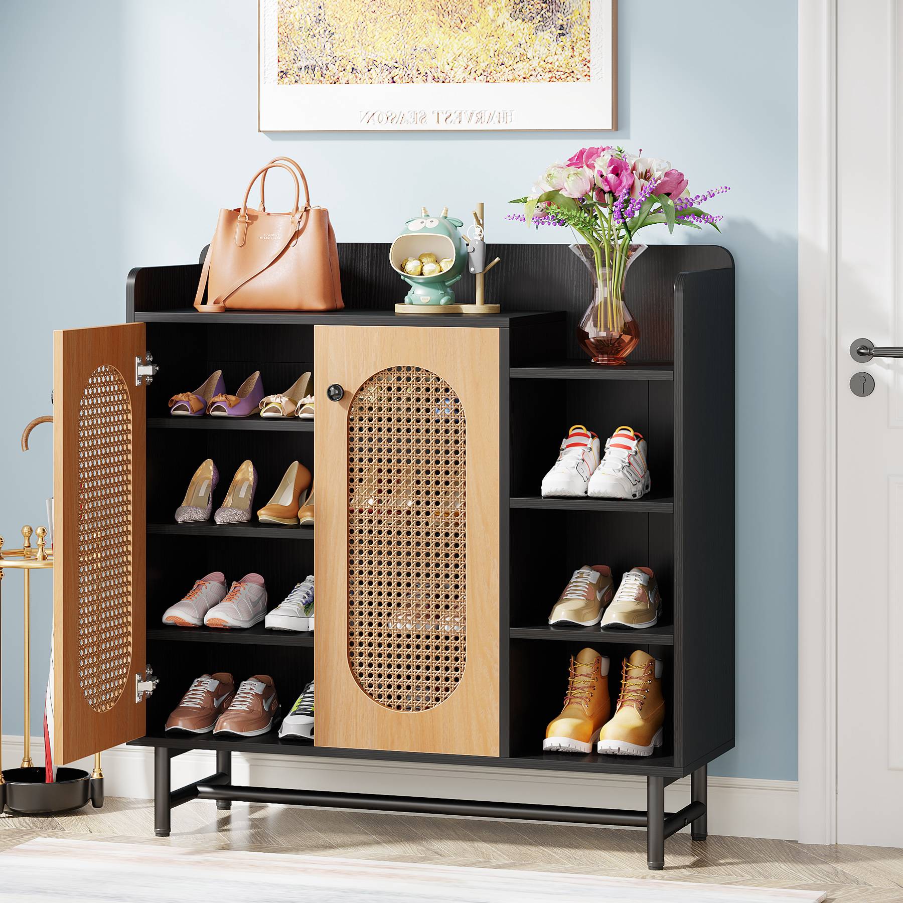 Rattan Shoe Cabinet, Shoe Storage Organizer with Doors & Open Shelves