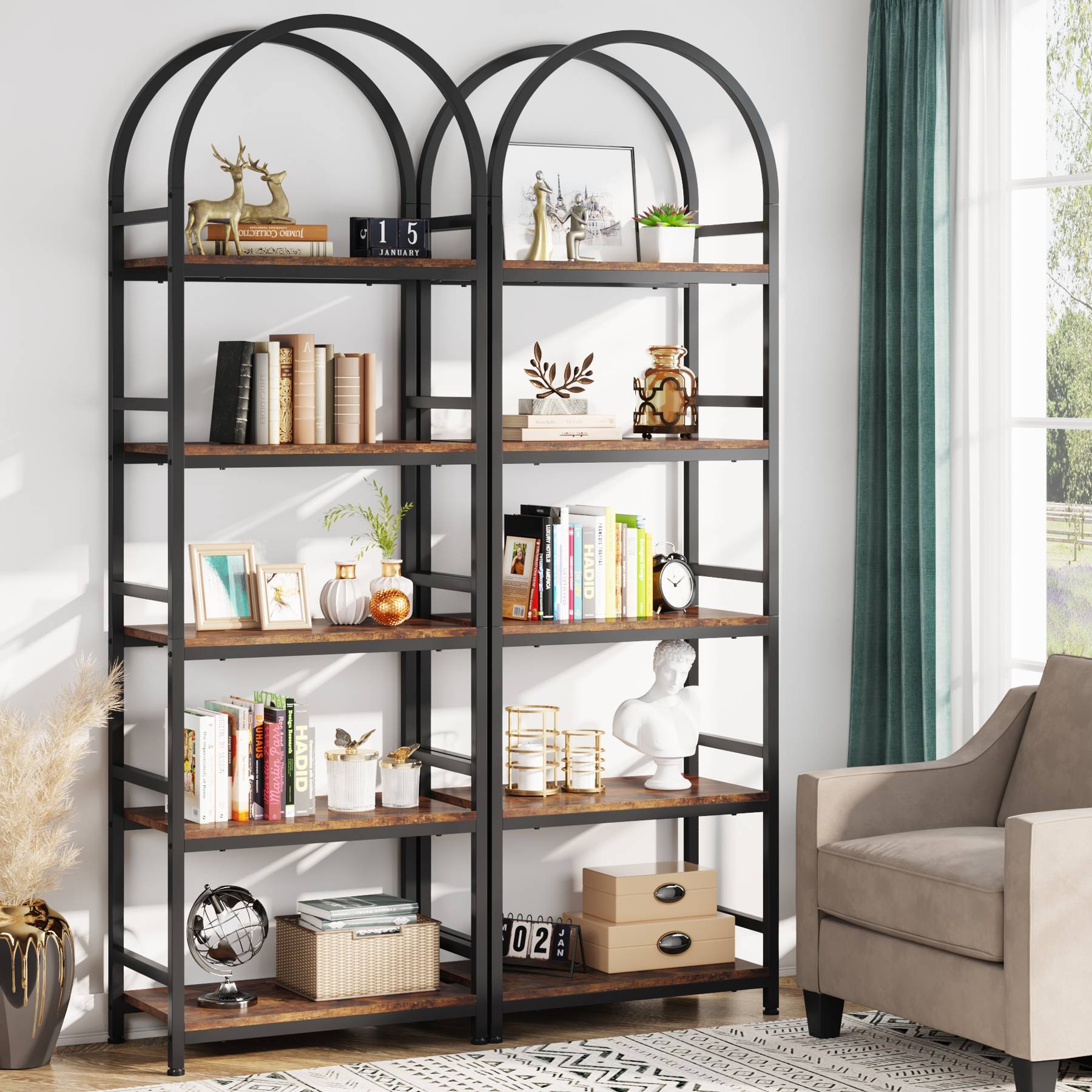 4-Tier / 5-Tier Bookshelf, Arched Bookcase Display Rack with Storage Shelves