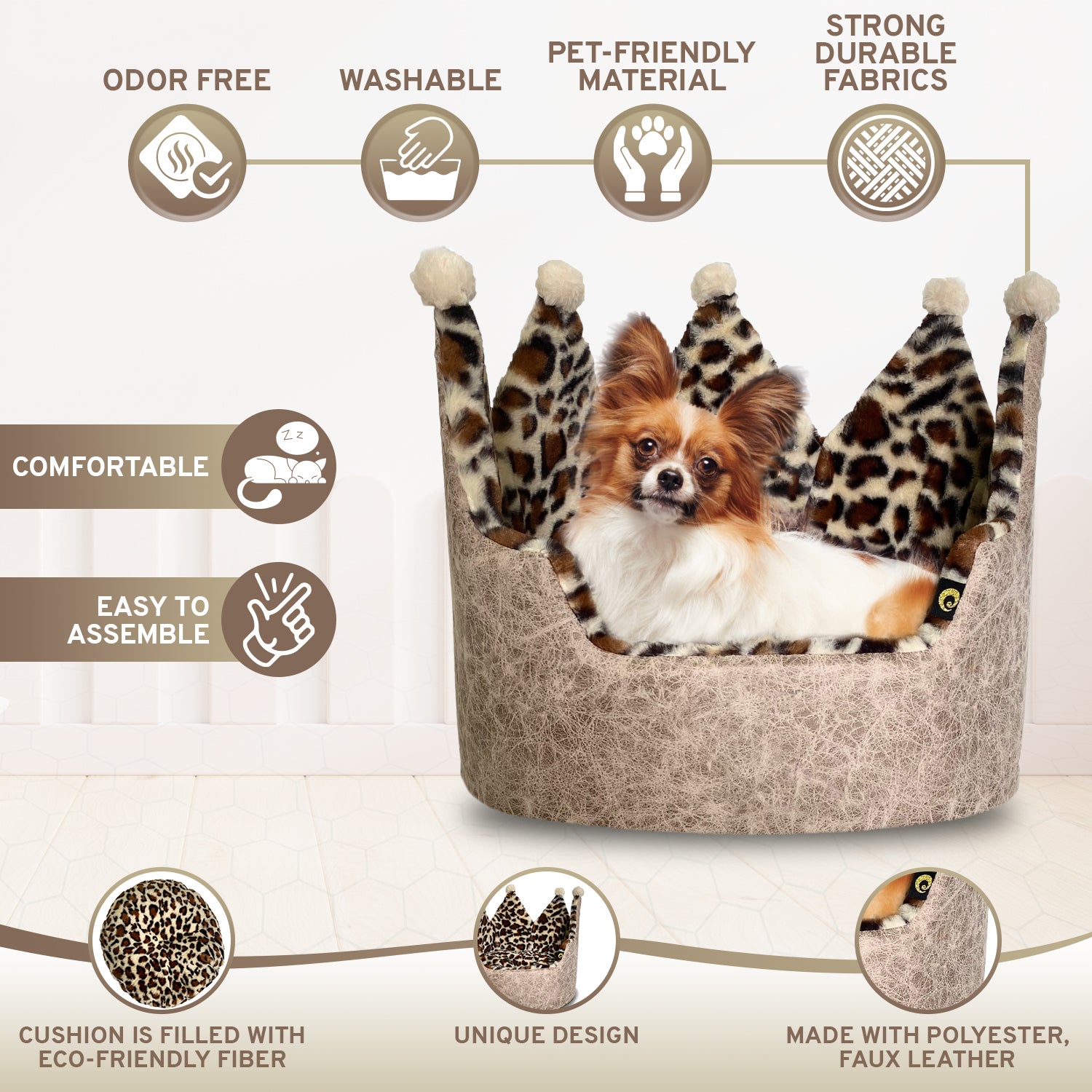 Precious Tails Leopard Print Crown Cat Dog Pet Bed - Small