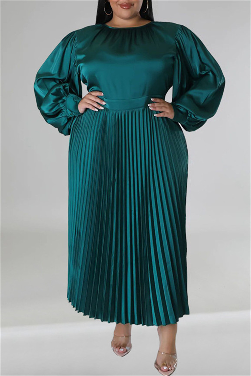 5XL Green Casual Solid Patchwork Fold O Neck Pleated Plus Size Dresses