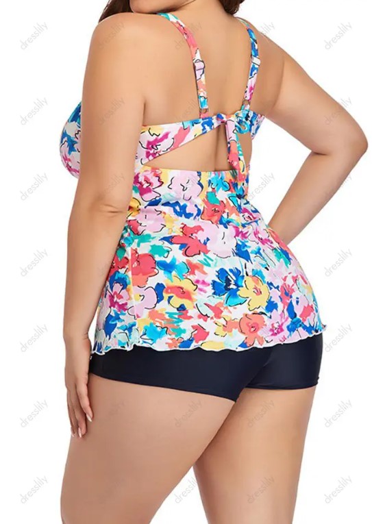Plus Size Colorful Flower Painting Print Tankini Swimsuit Surplice Plunge Knot Tankini Two Piece Swimwear Boyleg Bathing Suit