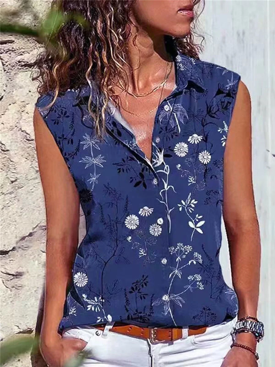Casual Loose Floral Print Sleeveless Blouse