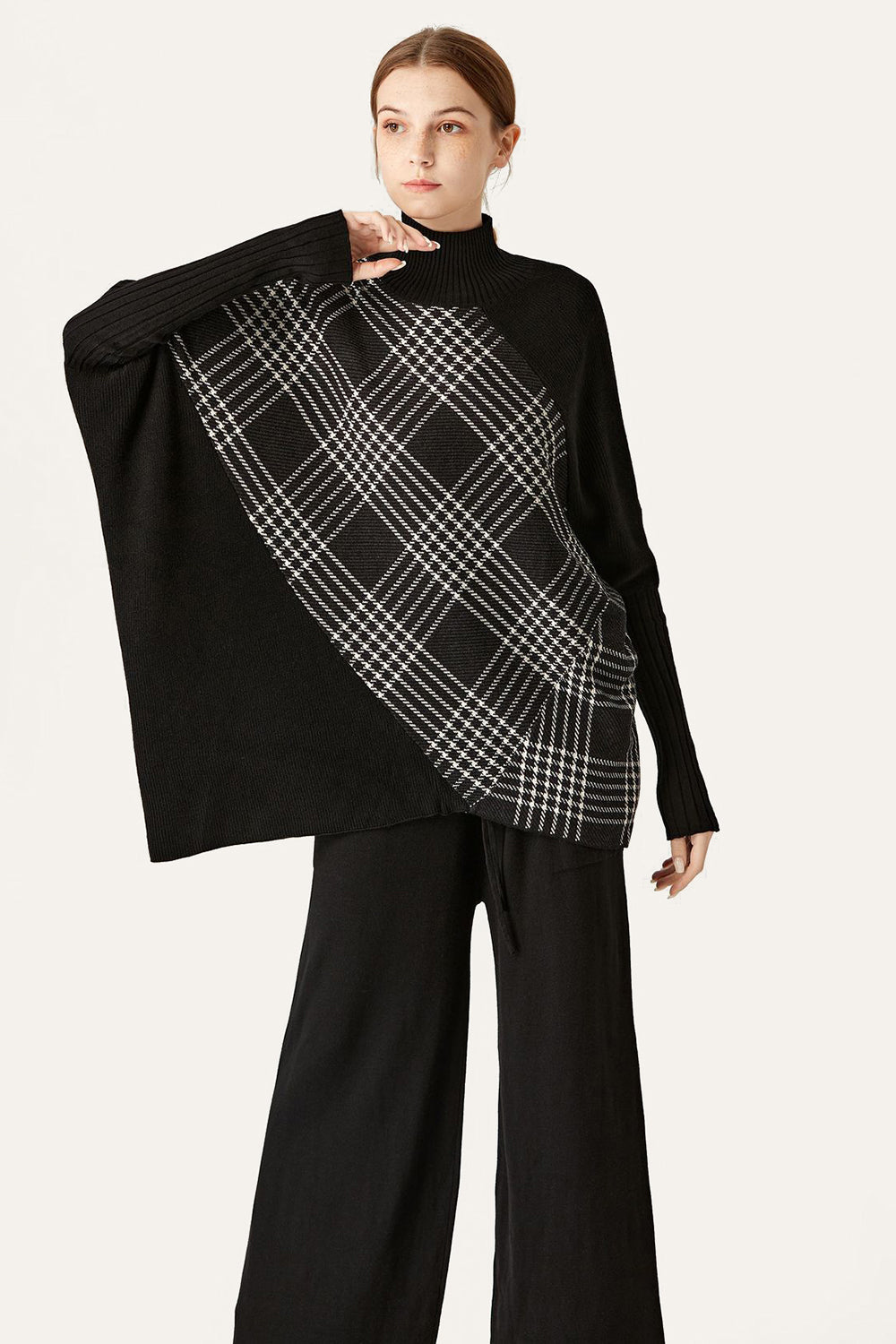Black Plaid Mock Neck Poncho Sweater