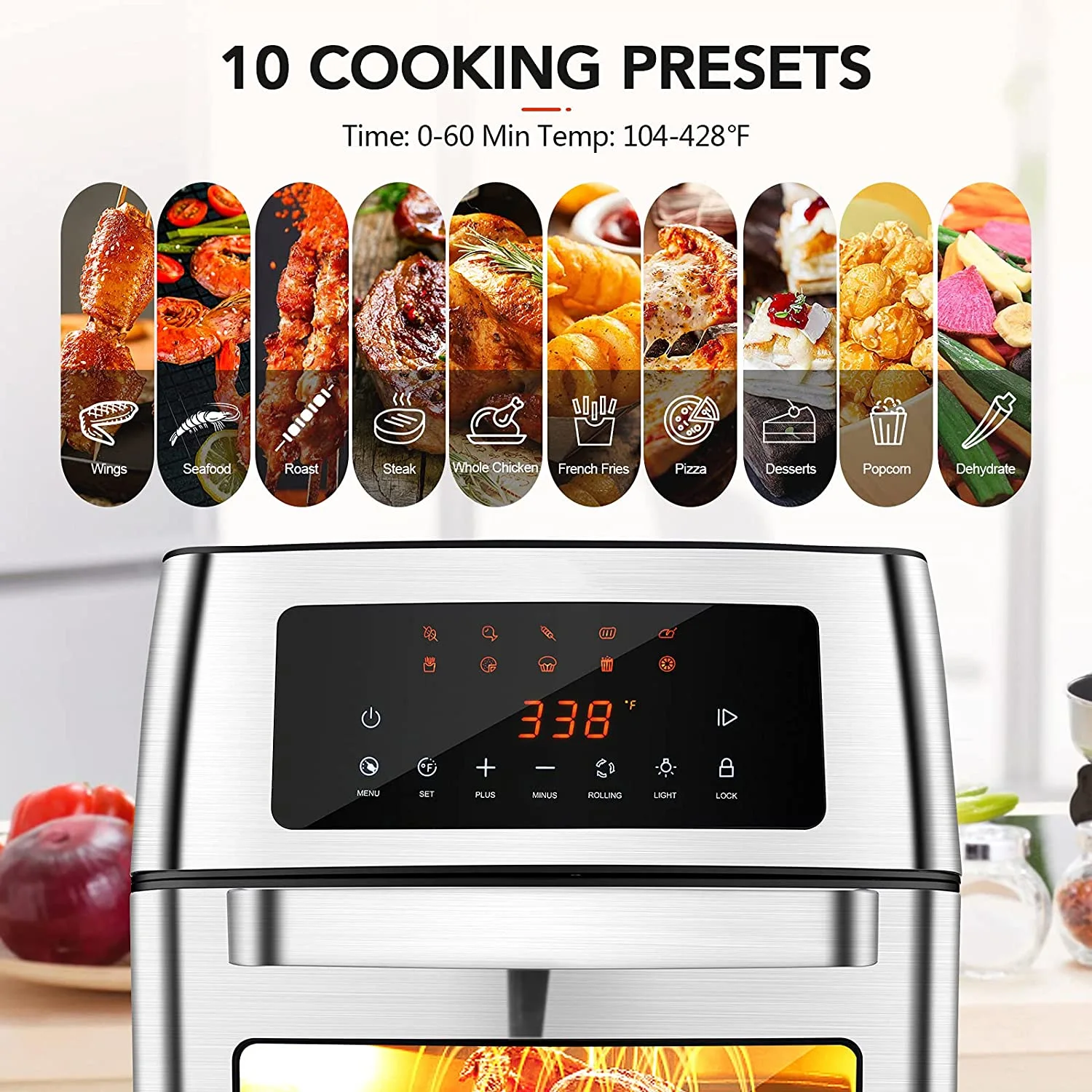 Air Fryer Toaster Oven Combo 16 Quart, 1500W Countertop Convection Roaster with 10 in 1 Smart Cook Presets, Rotisserie, Dehydrator, Rolling  Lock Function with 5 Accessories  Auto Shut Off