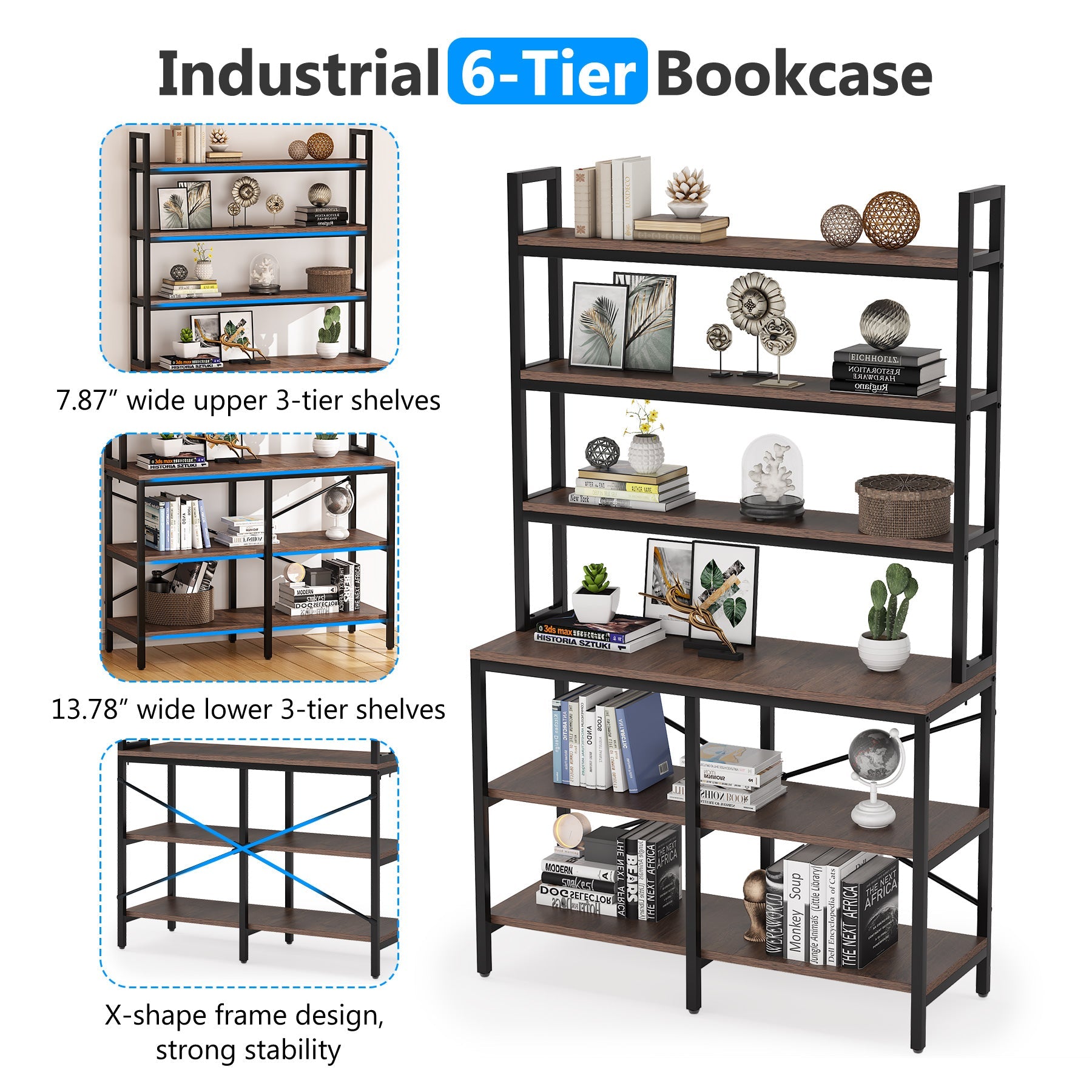 6-Tier Bookshelf, Industrial Etagere Bookcase Storage Rack