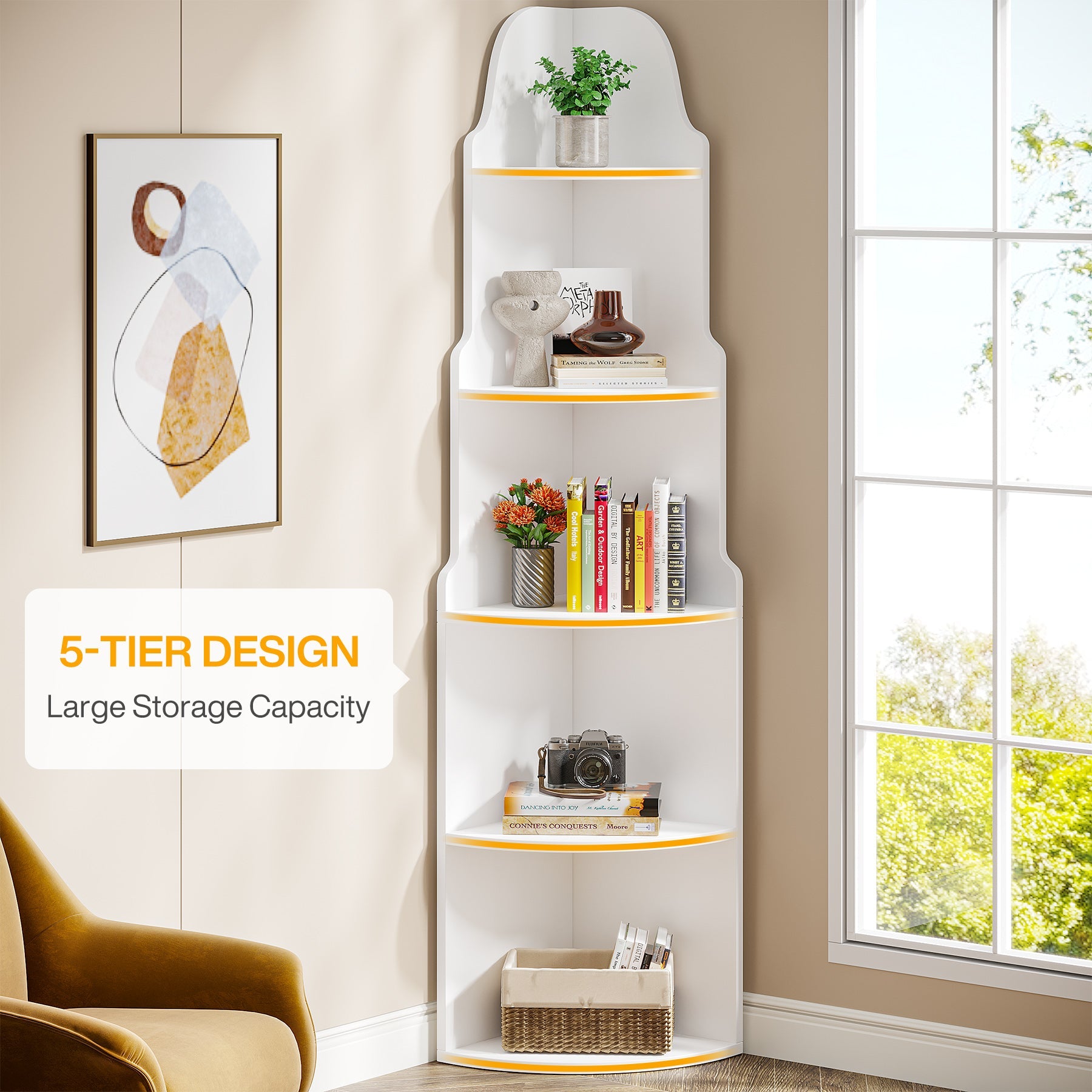 5-Tier Corner Shelf, Modern Corner Bookcase Storage Rack