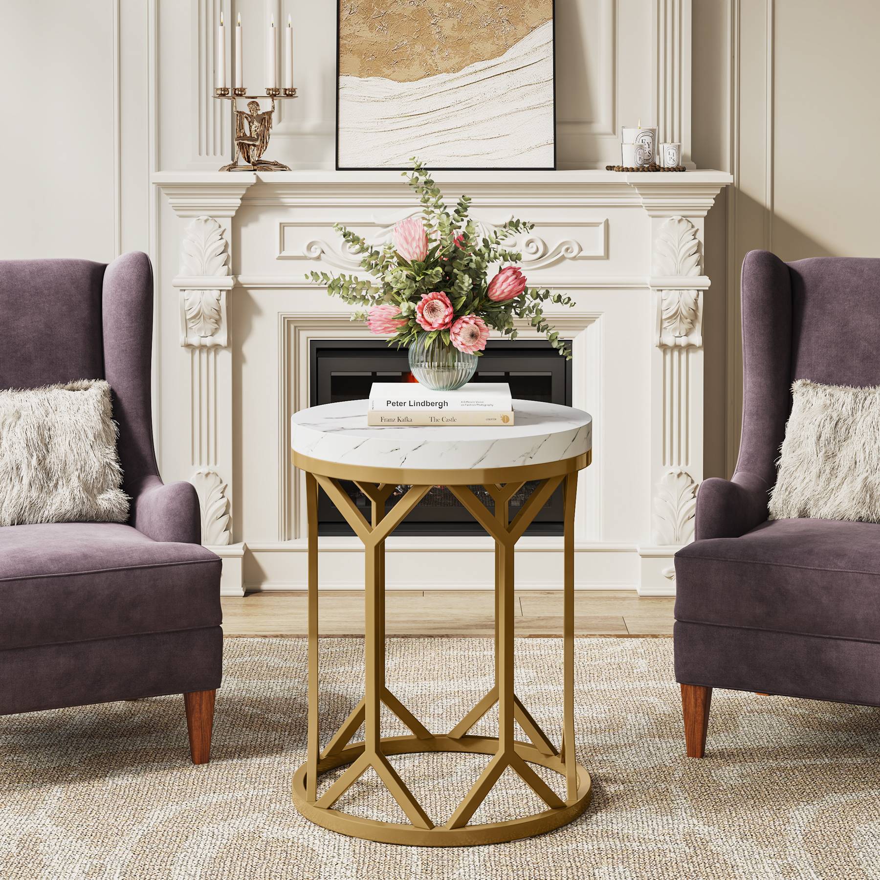 Modern End Table, Round Faux Marble Side Table for Living Room