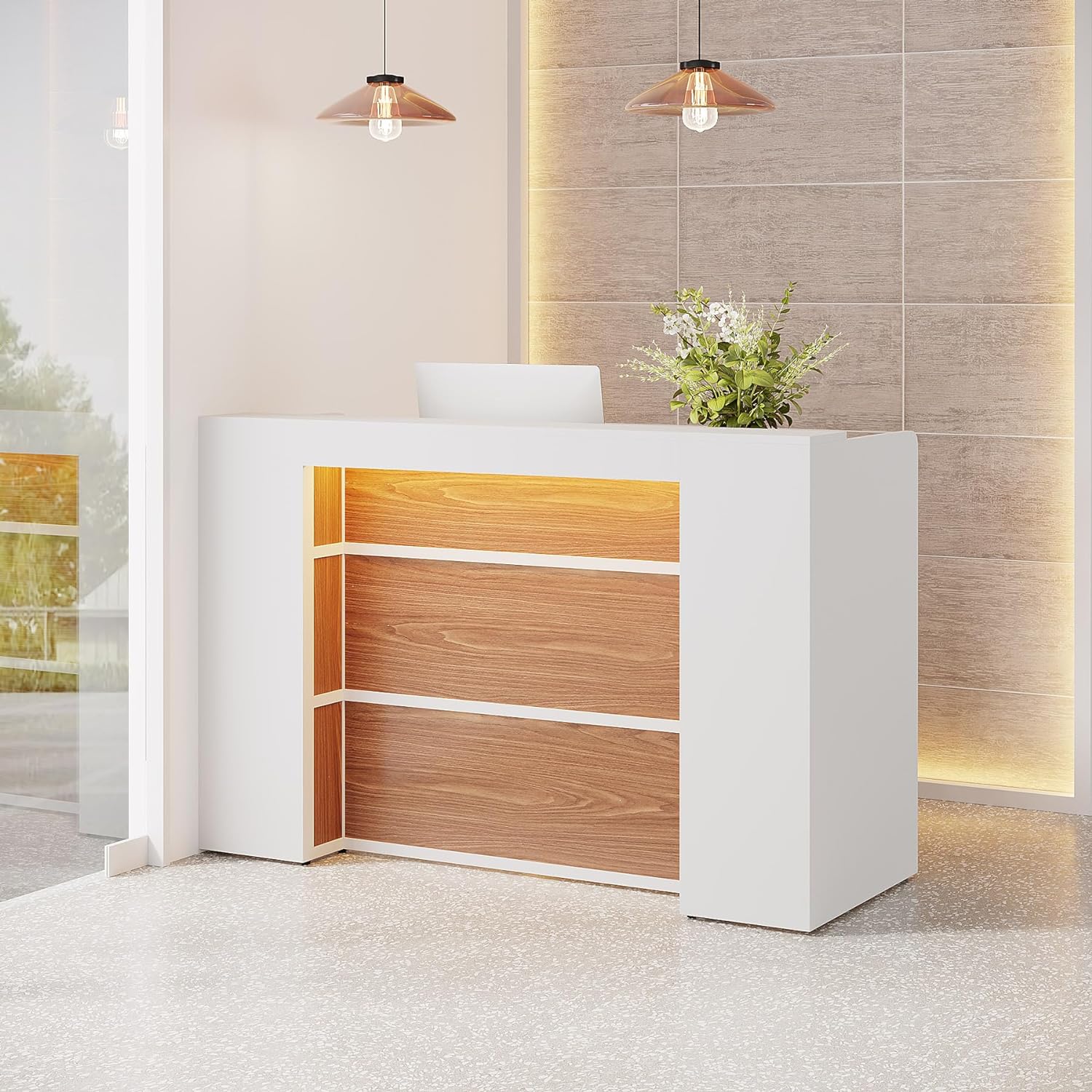 Modern Reception Desk, Large Counter Table Front Desk with LED Lights