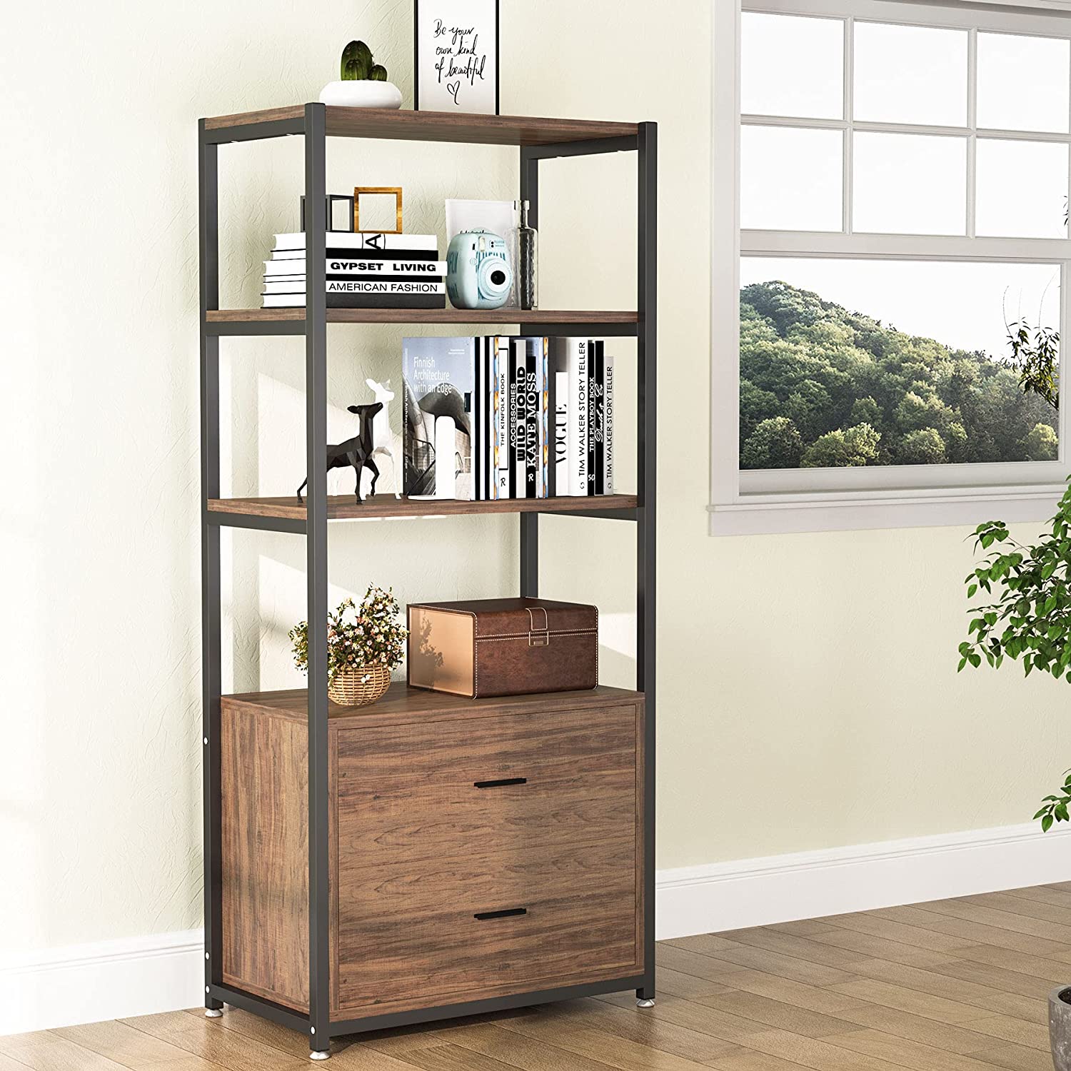 4-Tier Bookshelf Etagere Display Bookcase with 2 Drawers