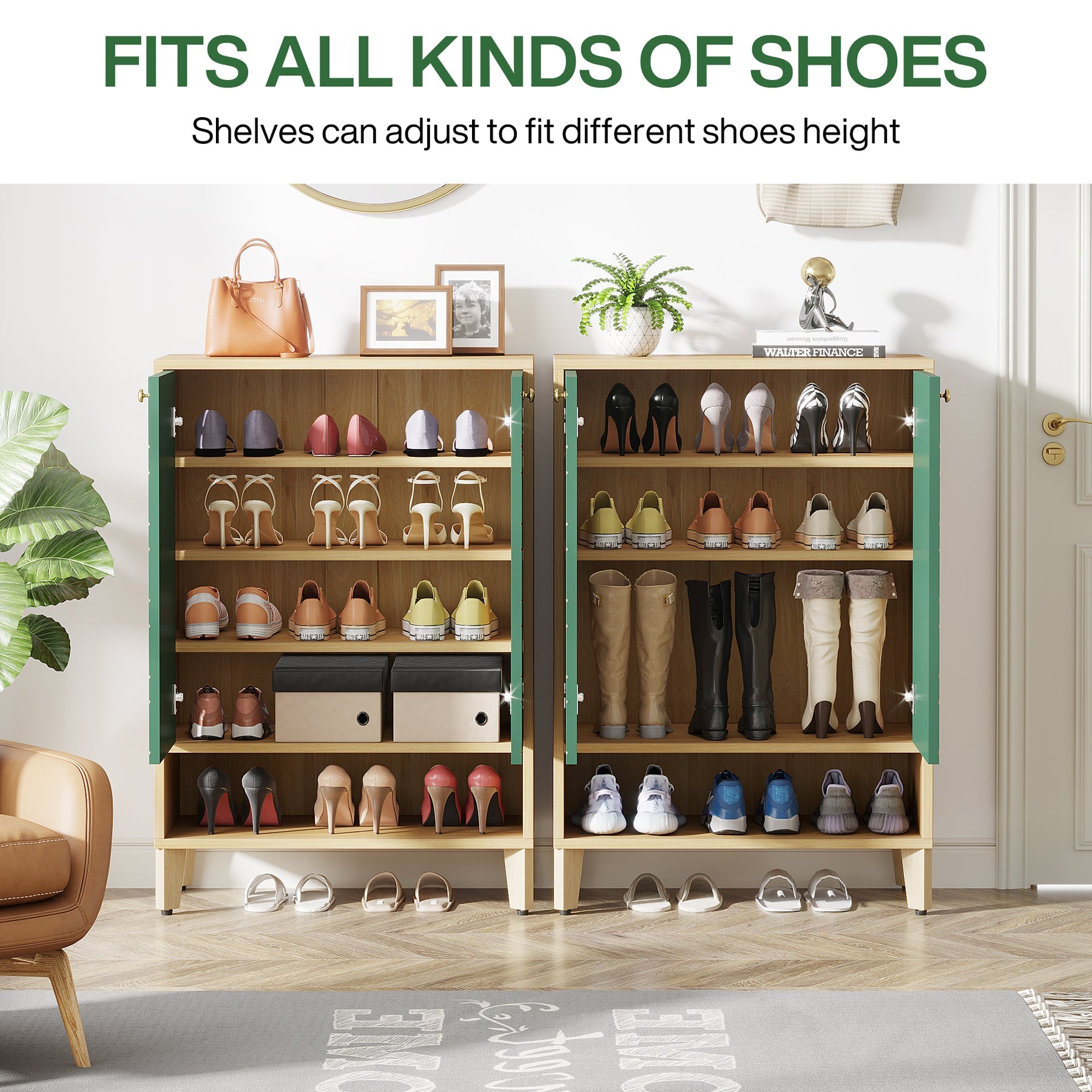 2-Door Shoe Cabinet with Solid Wood Legs & Adjustable Shelves