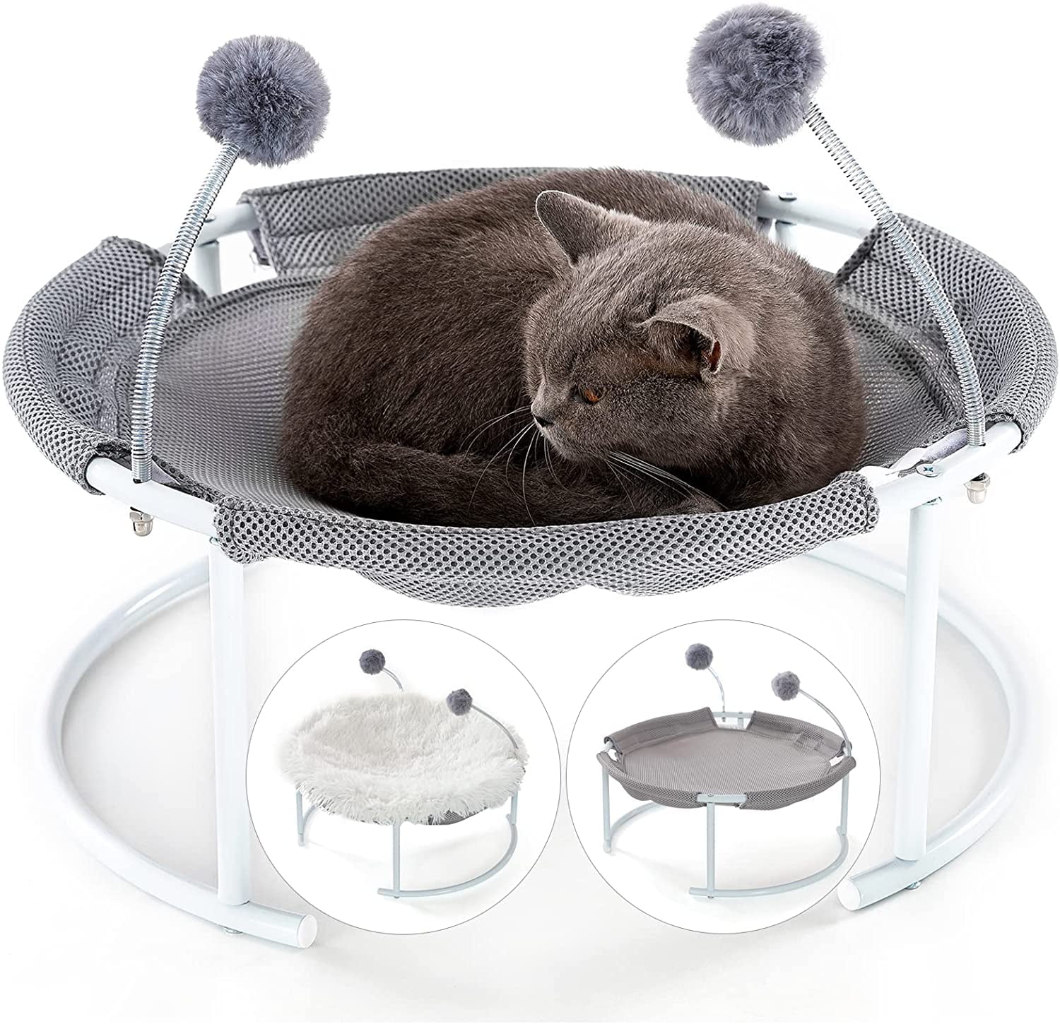 Cat Bed， Kenyone Elevated Pet Breathable Washable Hammock Bed for Cat Small Medium Dog with Plush Mat and Cat Toy Stuff Fur Ball Pet Supply for Kitty and Puppy Indoors and Outdoors (Gray)