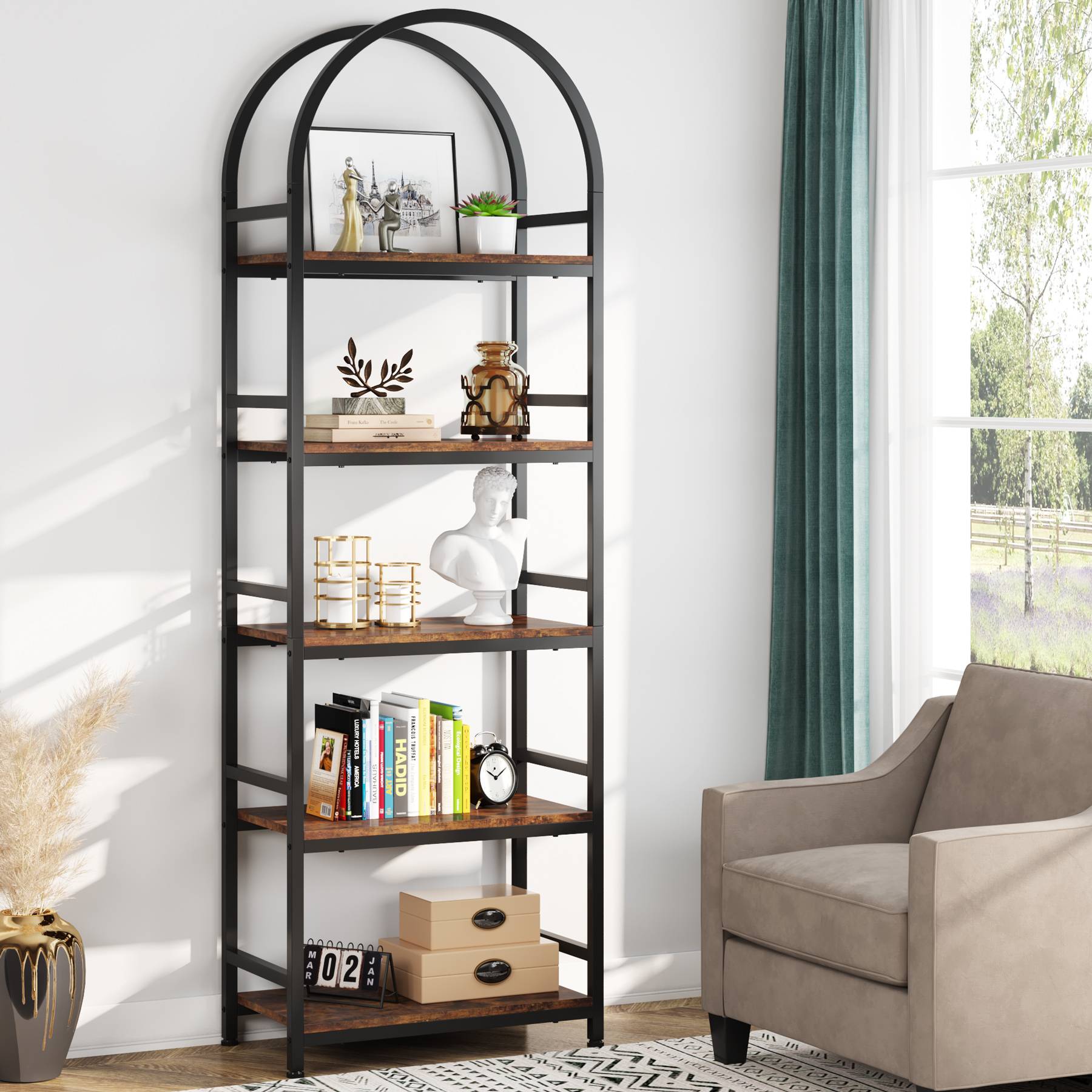 4-Tier / 5-Tier Bookshelf, Arched Bookcase Display Rack with Storage Shelves