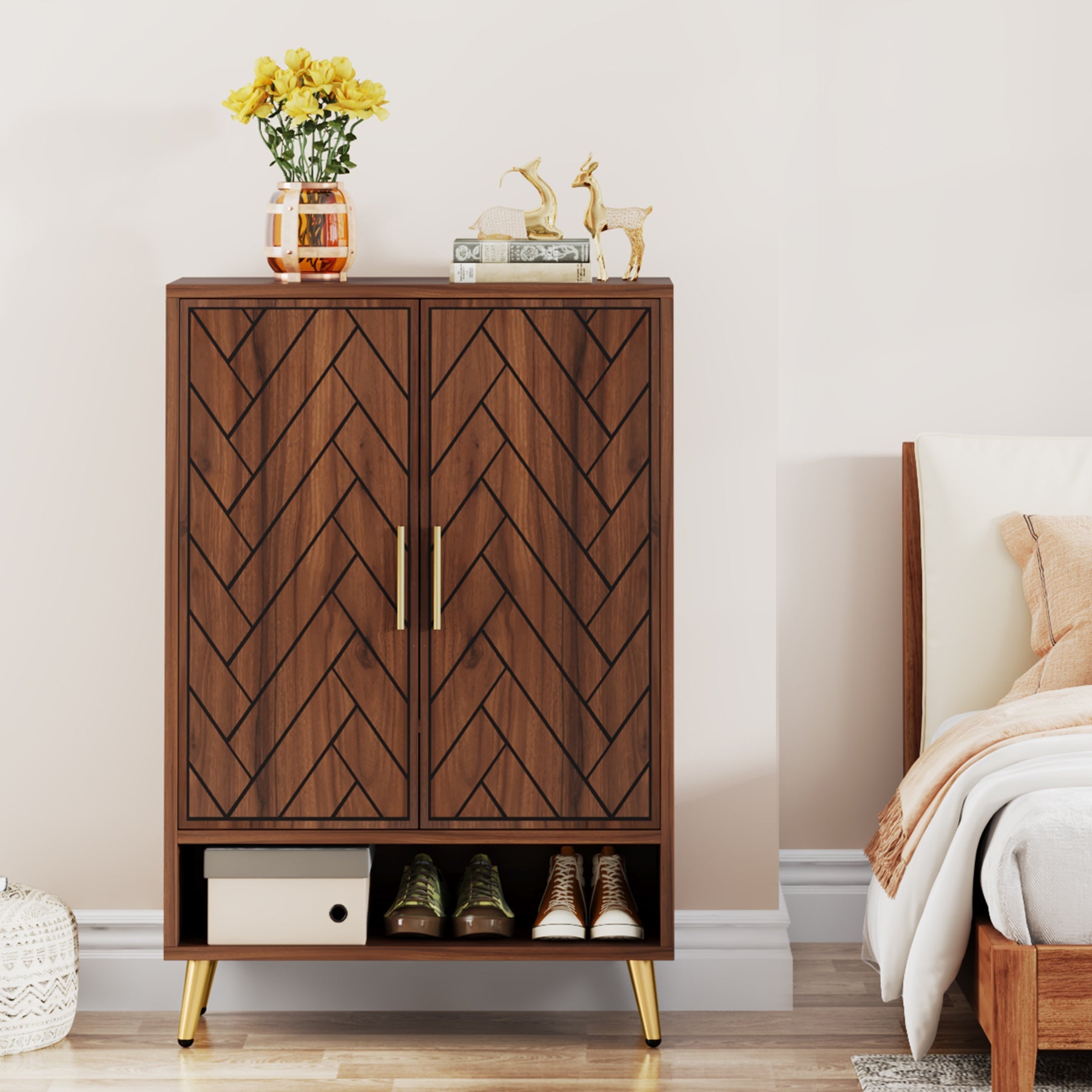 Walnut Shoe Cabinet, 6-Tier Wooden Shoe Organizer with Adjustable Shelves