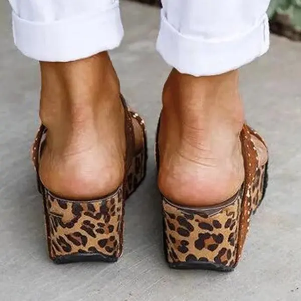 Women Rhinestone Animal Print Wedge Heel Sandals