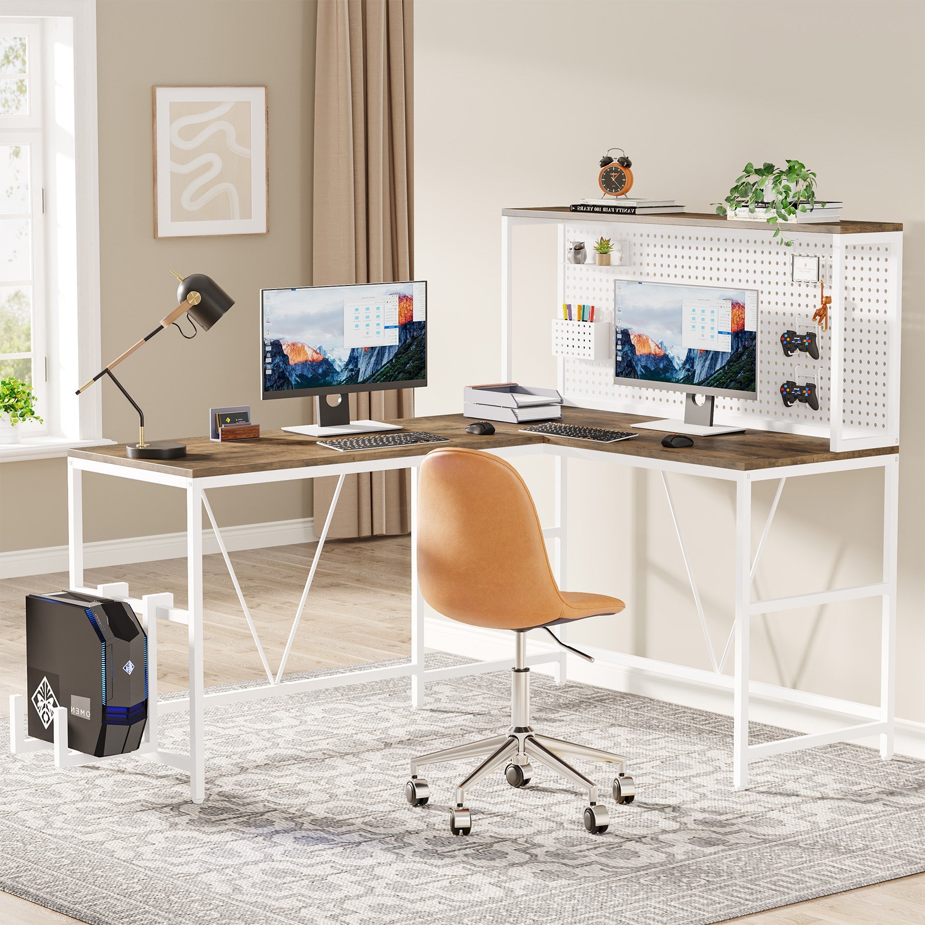 Reversible L-Shaped Desk, 2 IN 1 Two Person Computer Desk with Hutch