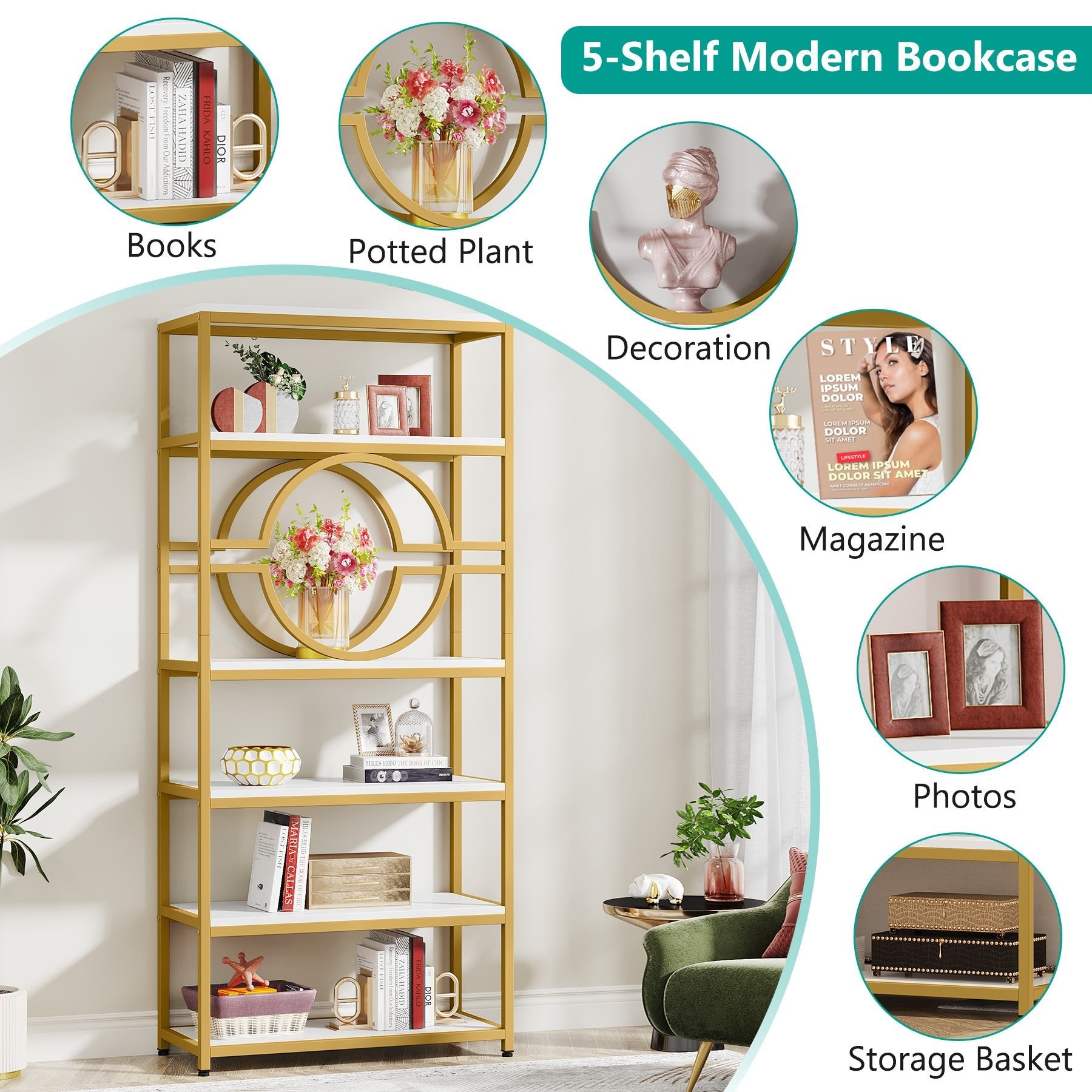 Tribesigns Bookshelf, 6-Tier Etagere Bookcase Freestanding Storage Shelf