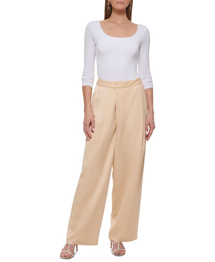 Petite Solid Wide-Leg High-Rise Pleated Pants
