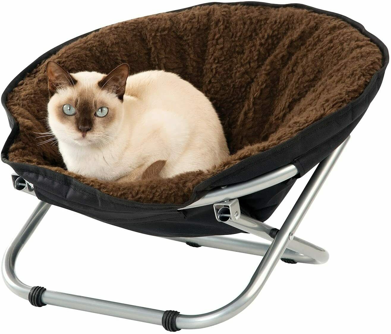 Pet Cot Chair - Portable Round Fold Out Elevated Cat Bed - Brown Fleece Top Cushion - Papasan Chair for Small Dogs