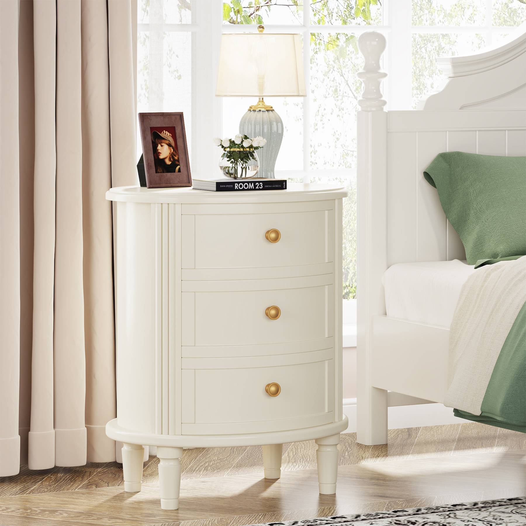 Wood Nightstand Bedside Table with 3 Drawers & Solid Wood Legs