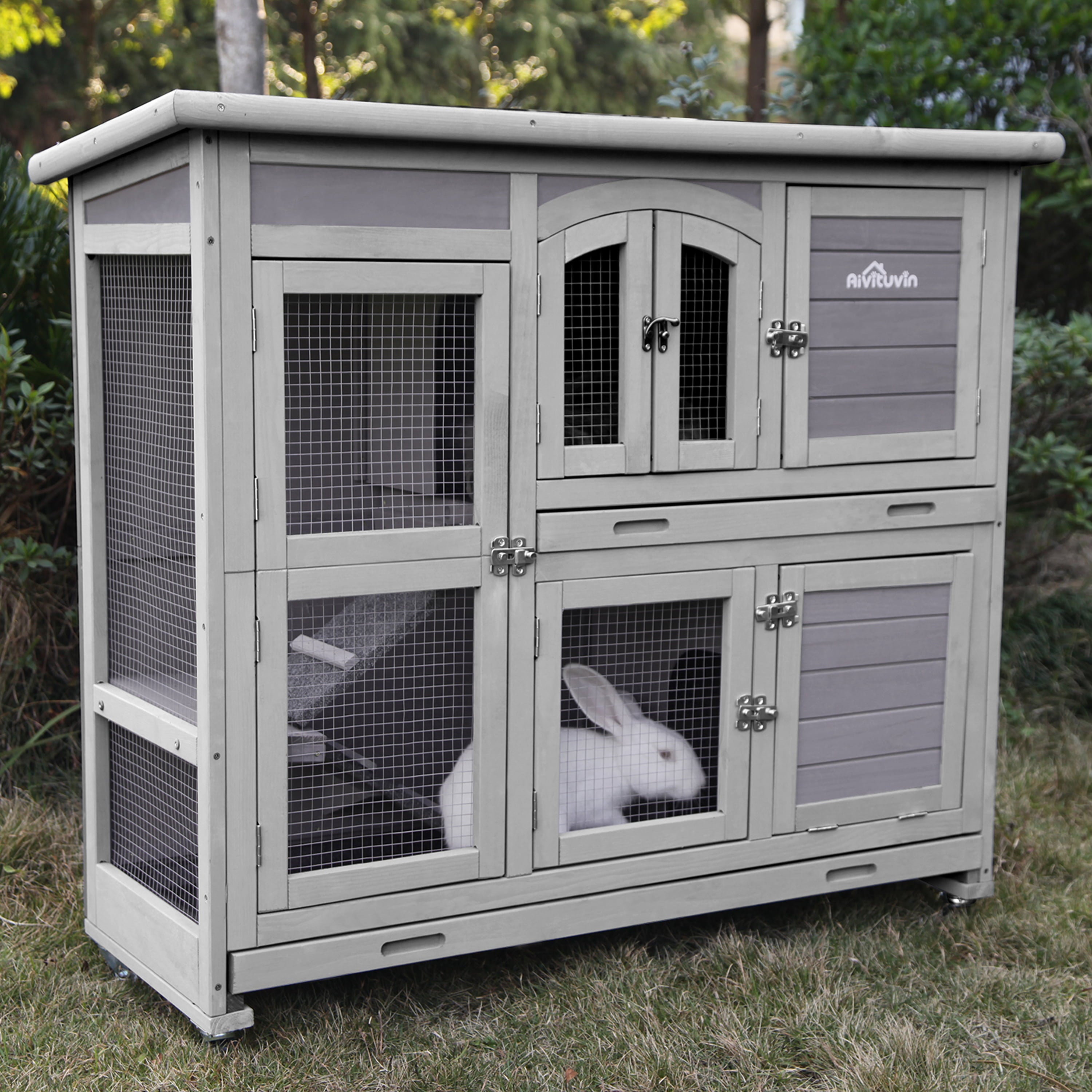 Morgete Wood Rabbit Hutch Bunny Cage with Wheel， Two Layer Guinea Pig House for Outdoors and Indoors