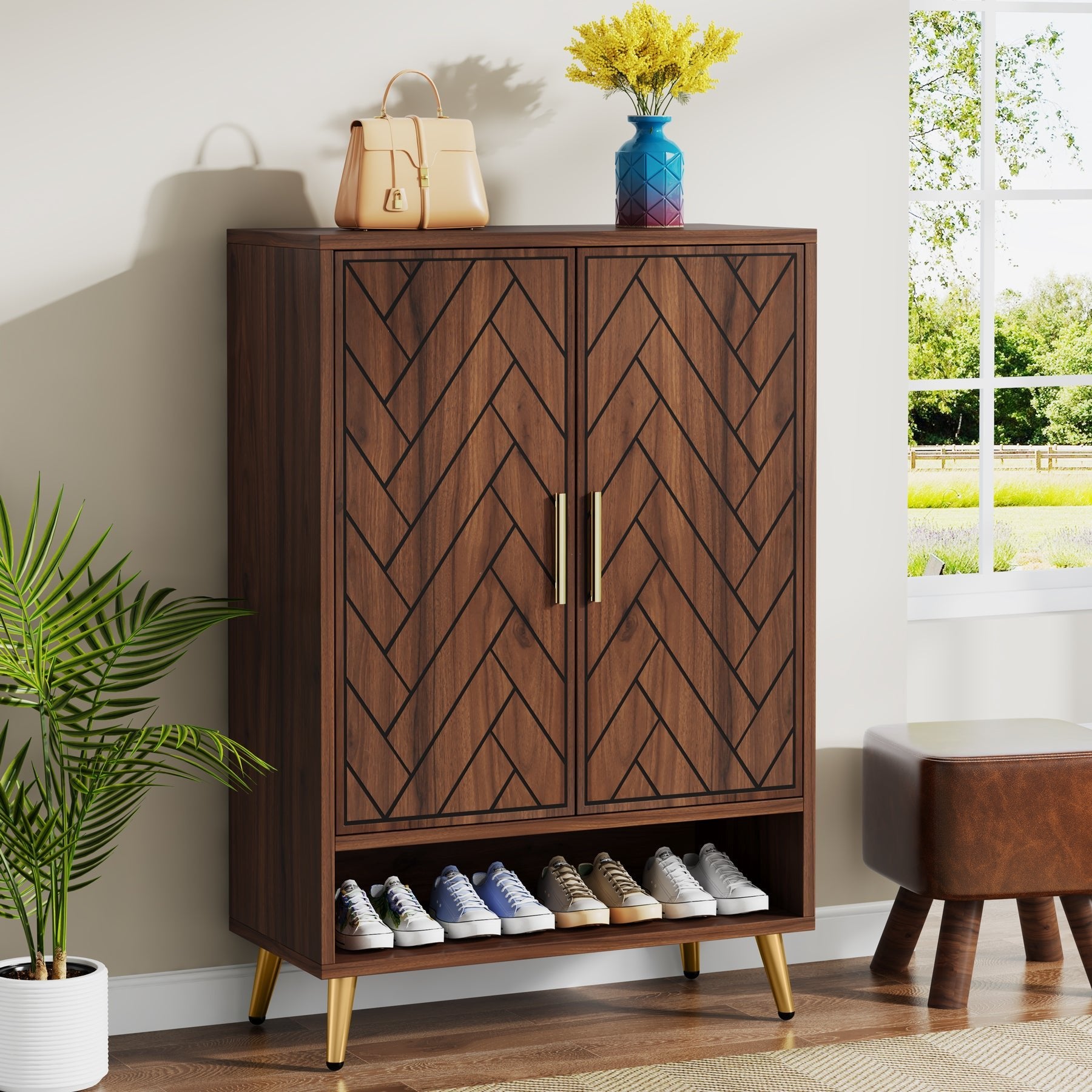 Walnut Shoe Cabinet, 6-Tier Wooden Shoe Organizer with Adjustable Shelves