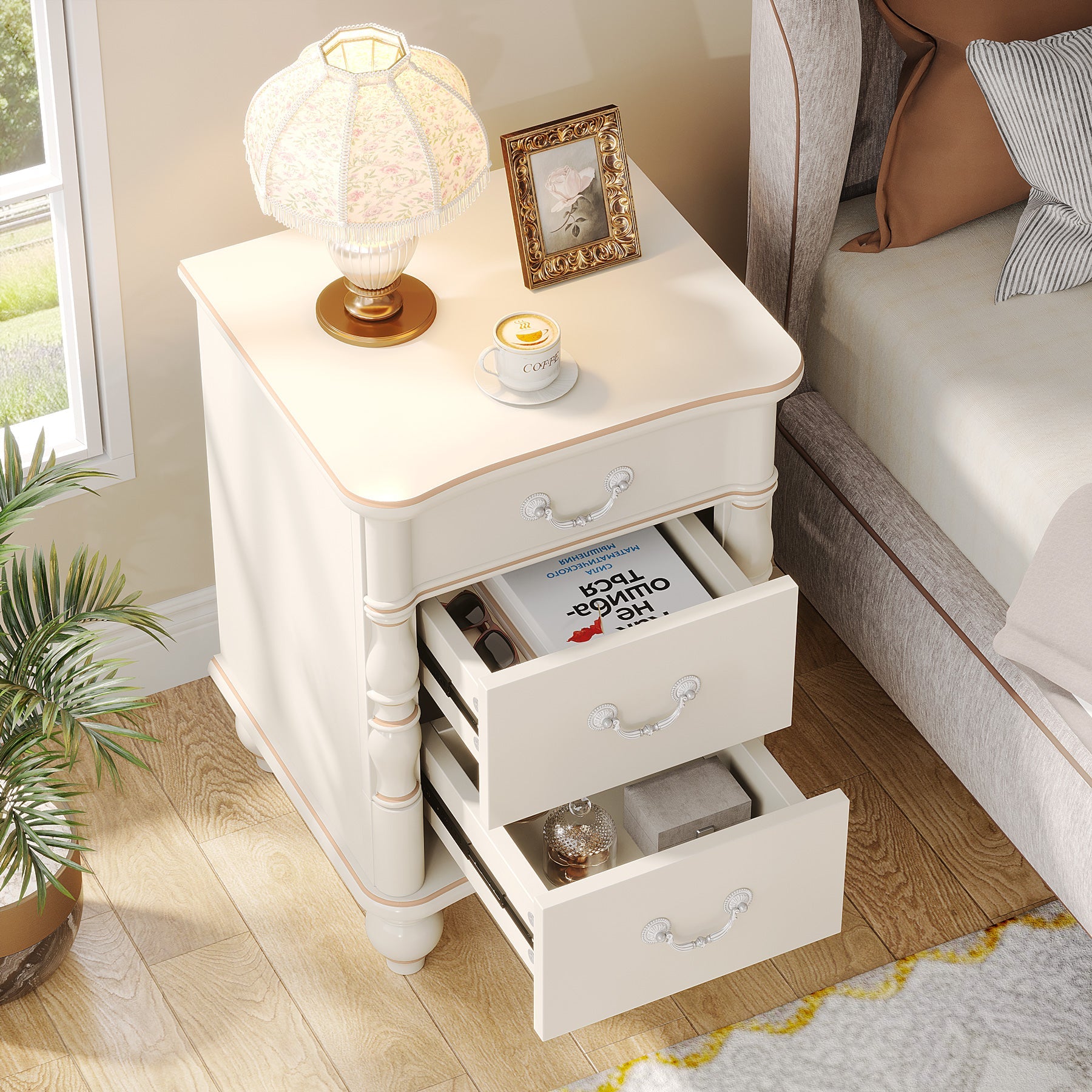 3 Drawers Nightstand, Modern  Bedside End Table with Solid Wood Legs