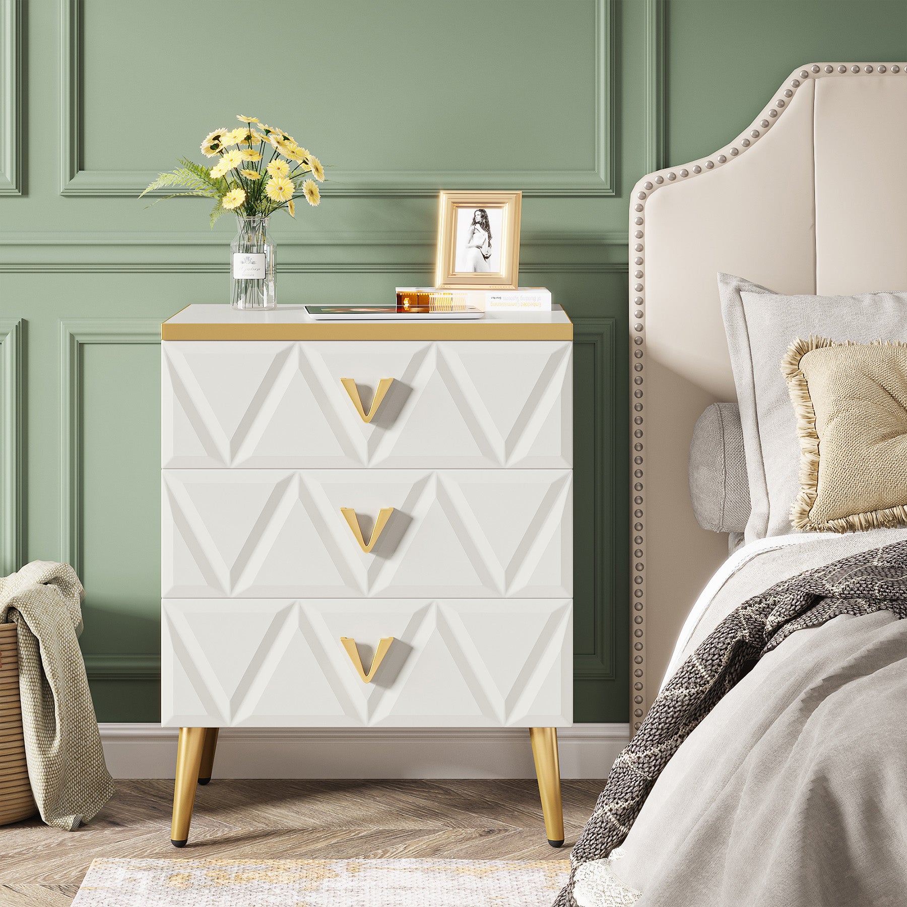 Modern Nightstand, Wooden Bedside Table with 3 Drawers