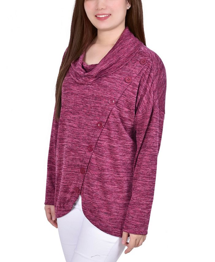 Petite Long Sleeve Cowl Neck Pullover with Buttons Top