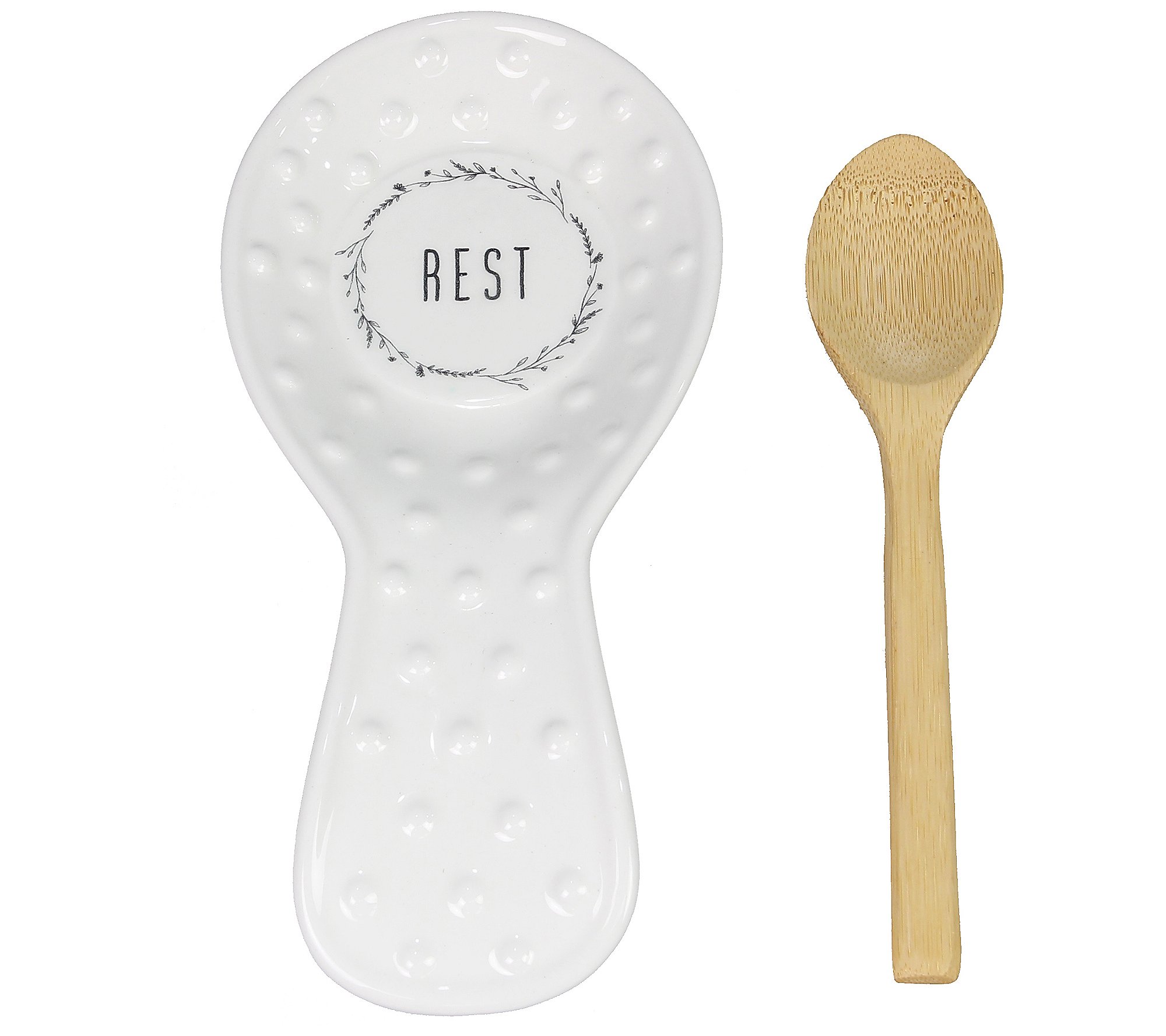 Young's Inc. Cottage Core Ceramic Spoon Rest with Bamboo Spoon