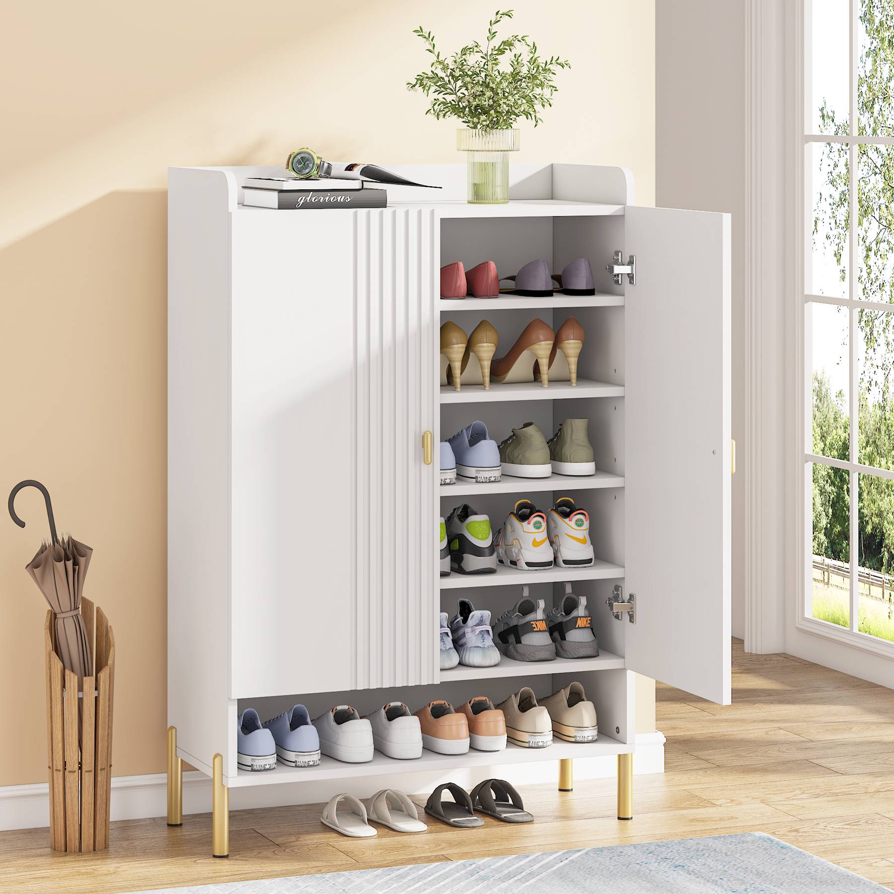 Wood Shoe Cabinet, 6-Tier Shoe Organizer with Adjustable Shelves for Entryway