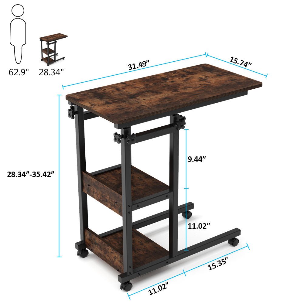 Mobile C Table, Height Adjustable Side Table with Storage Shelves