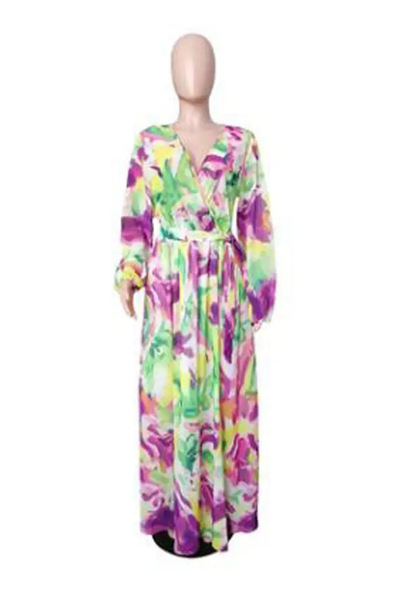 Plus Size Casual Chiffon Long Sleeve Printed Maxi Dresses