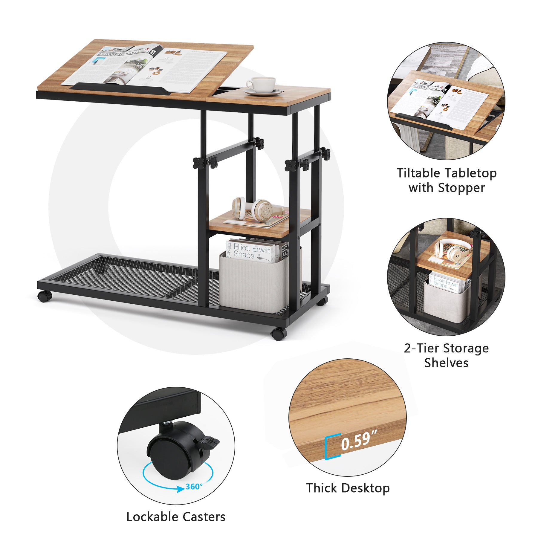 Mobile C Table, Height Adjustable Snack Tray Table with Wheels