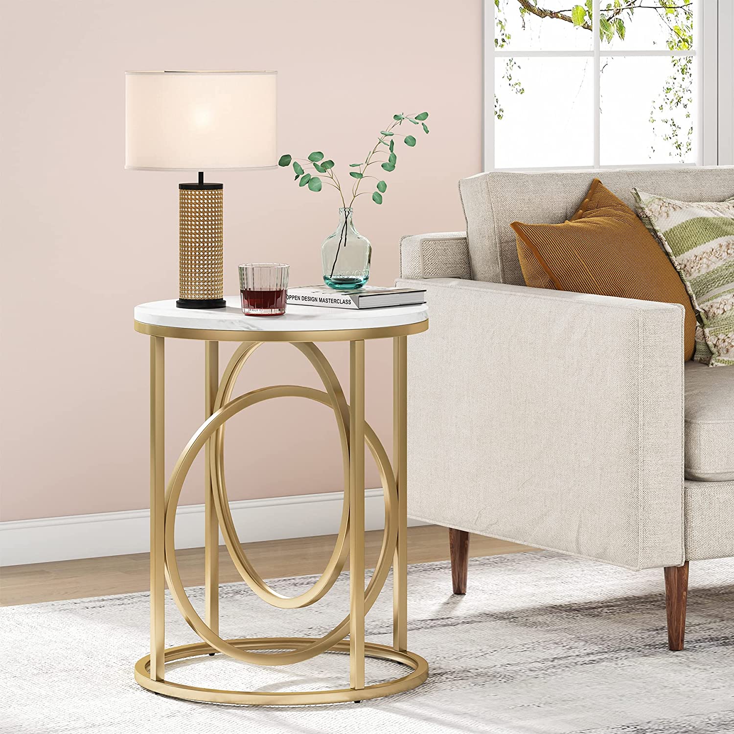 Round End Table, Modern Sofa Side Table with Faux Marble Top