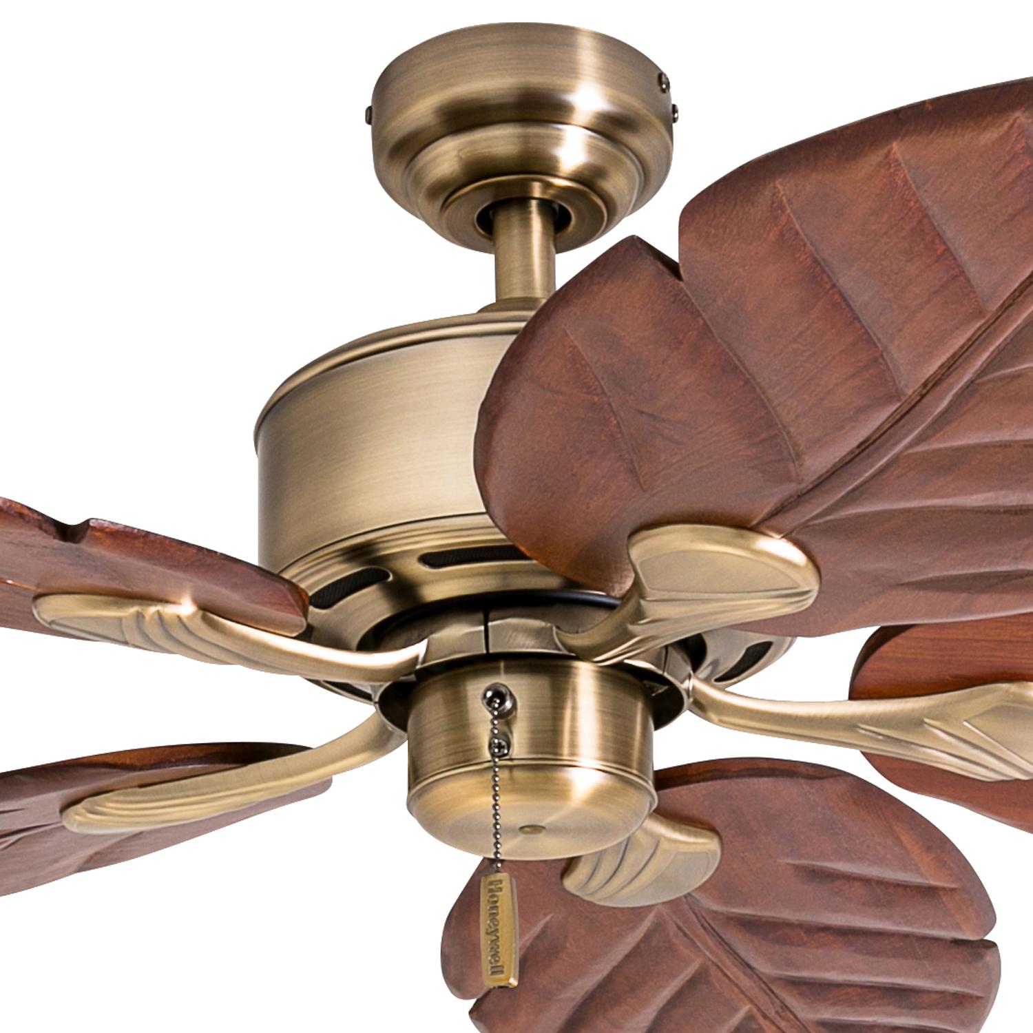 Honeywell Willow View 52 Brass Tropical Ceiling Fan， Hand Carved Blades