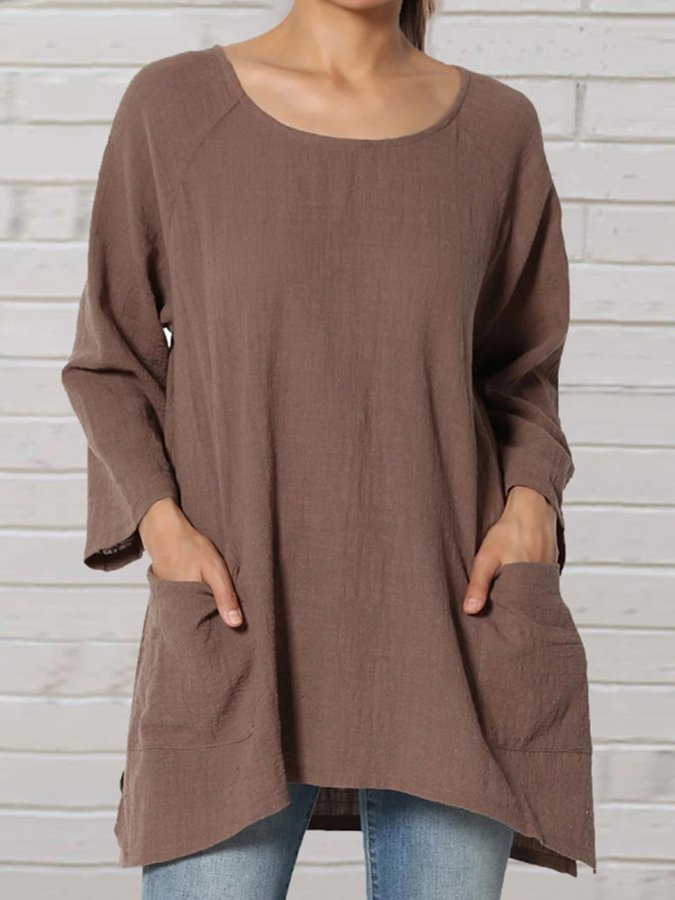 Women's Cotton Linen Round Neck Pocket Design Solid Color Shirt