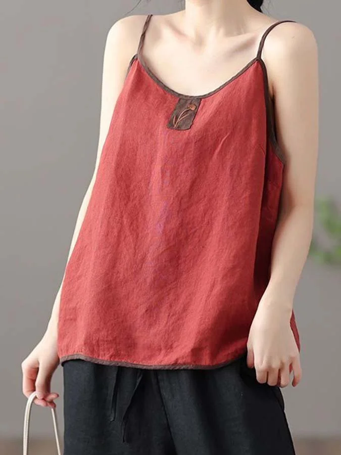 Women's Cotton Linen Embroidered Colorblock Loose Sling Top