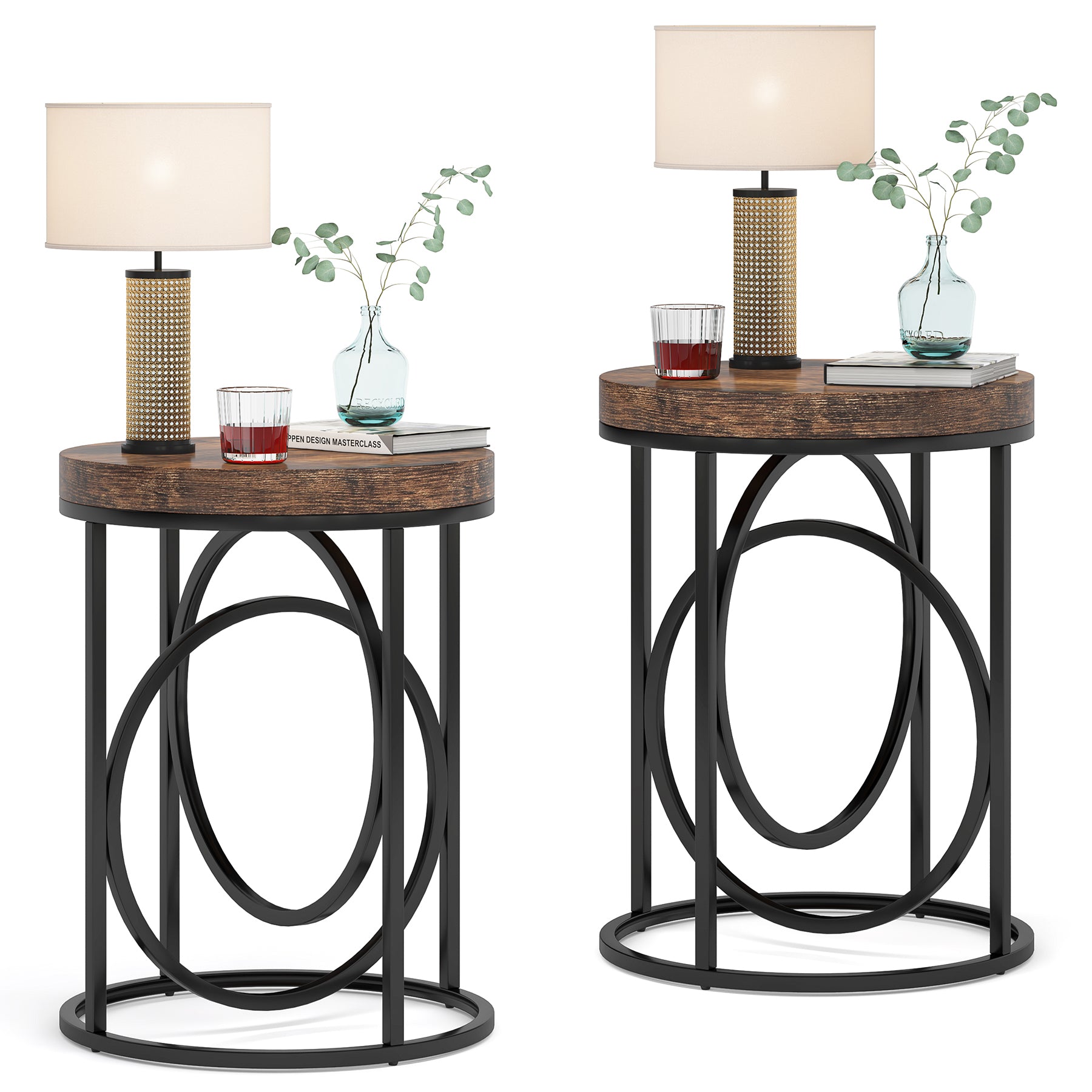 Round End Table, Modern Sofa Side Table with Faux Marble Top