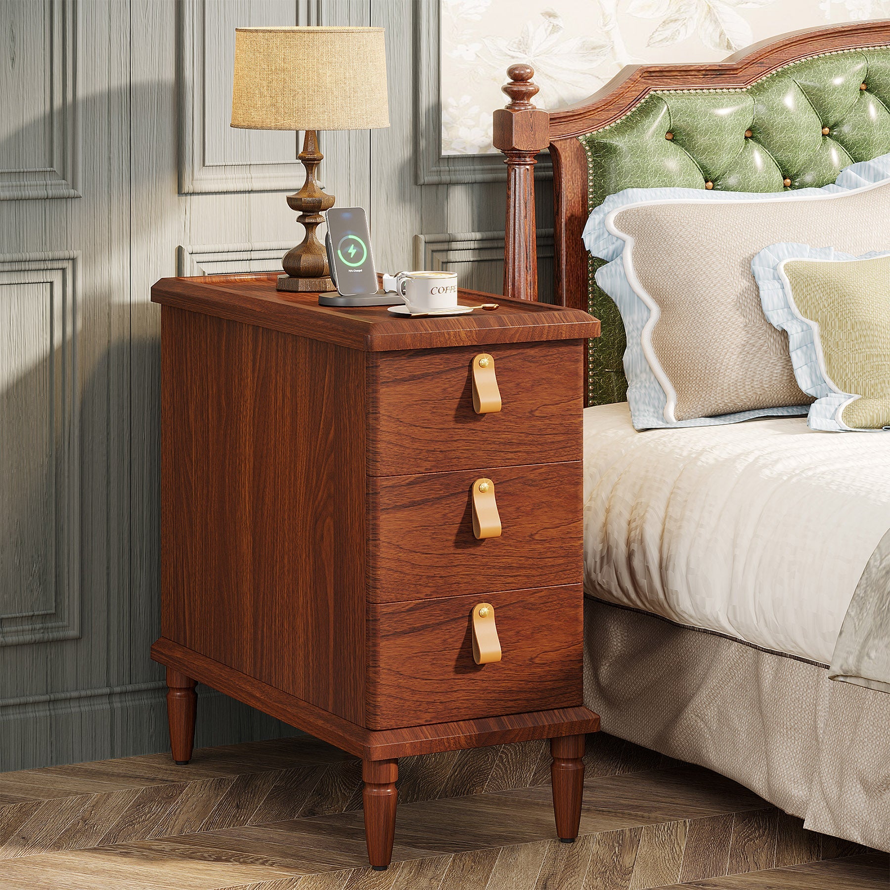 Wood End Table, Classic Nightstand with 3 Wooden Drawers