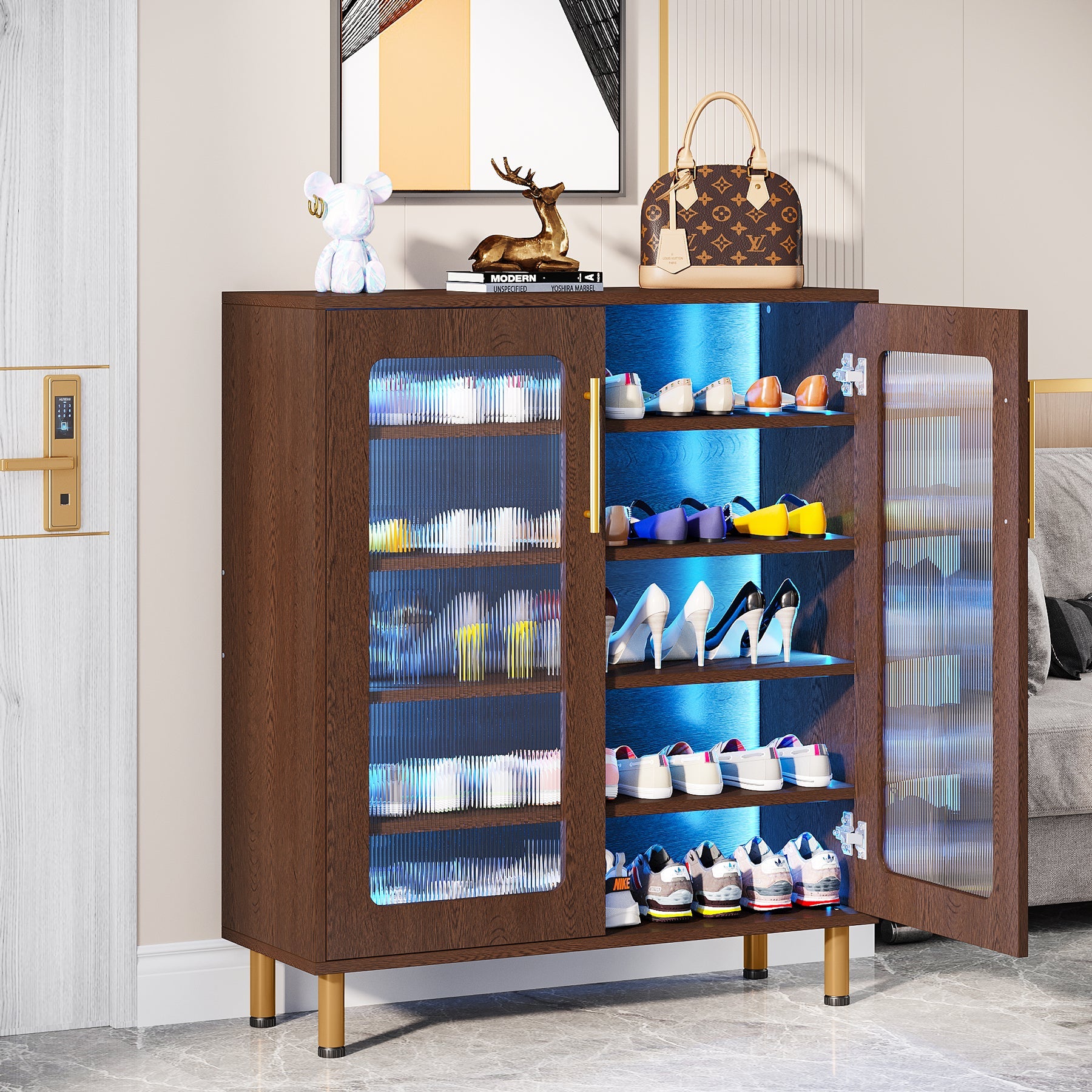 Modern Shoe Cabinet, 5-Tier Shoe Organizer with LED Light & Acrylic Doors