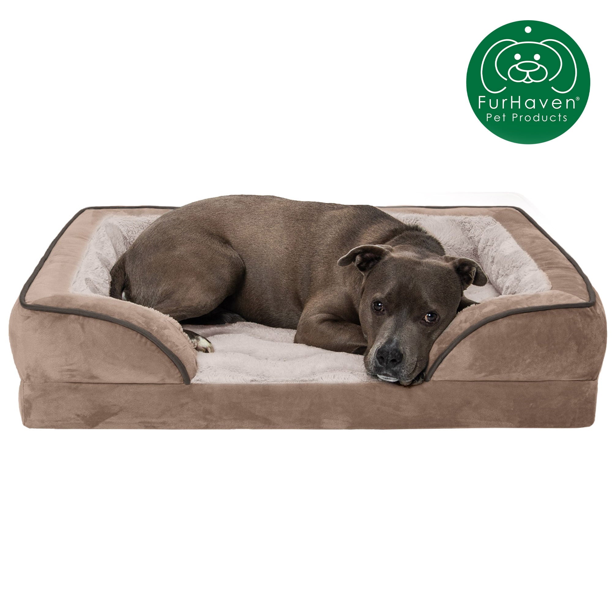 FurHaven Pet Products | Cooling Gel Memory Foam Orthopedic Perfect Comfort Velvet Waves Sofa-Style Couch Pet Bed for Dogs and Cats， Brownstone， Large