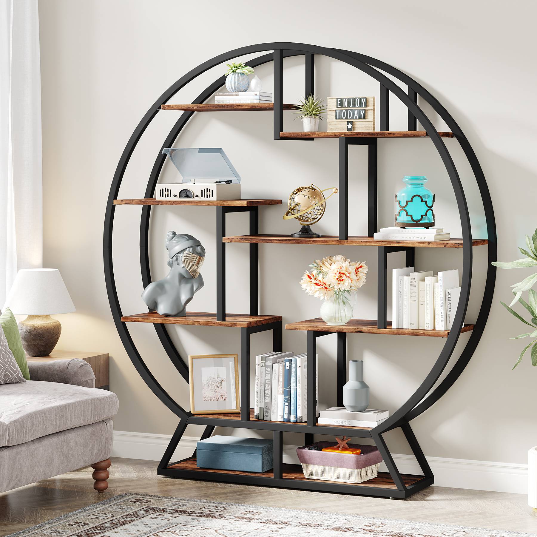 Round Bookshelf, 63 Inch Etagere Bookcase with Staggered Shelves