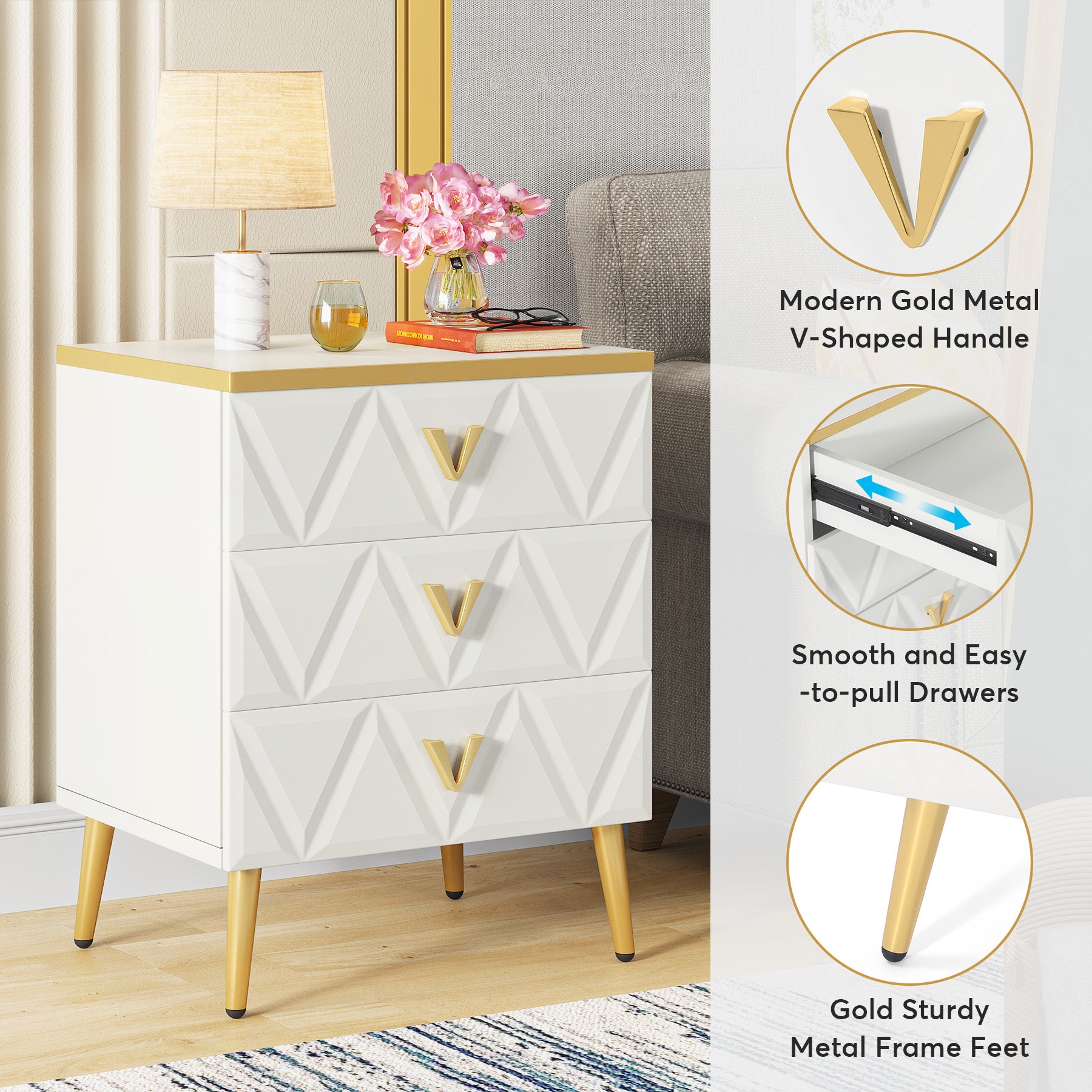 Modern Nightstand, Wooden Bedside Table with 3 Drawers