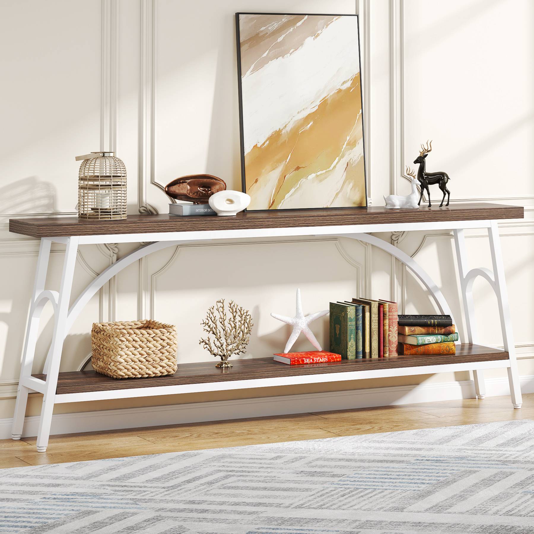 2-Tier Console Table, 70.8” Sofa Table Hallway Table with Open Shelves