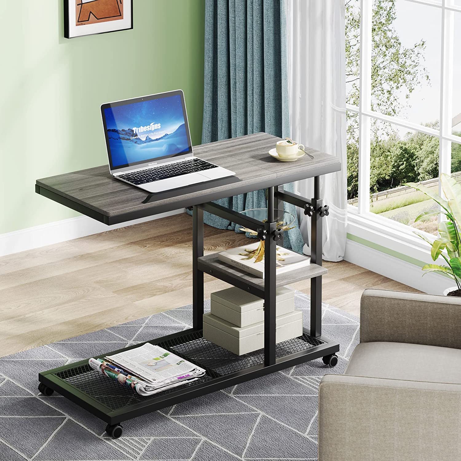 Height Adjustable C Table, Mobile Side Table with Tiltable Drawing Board