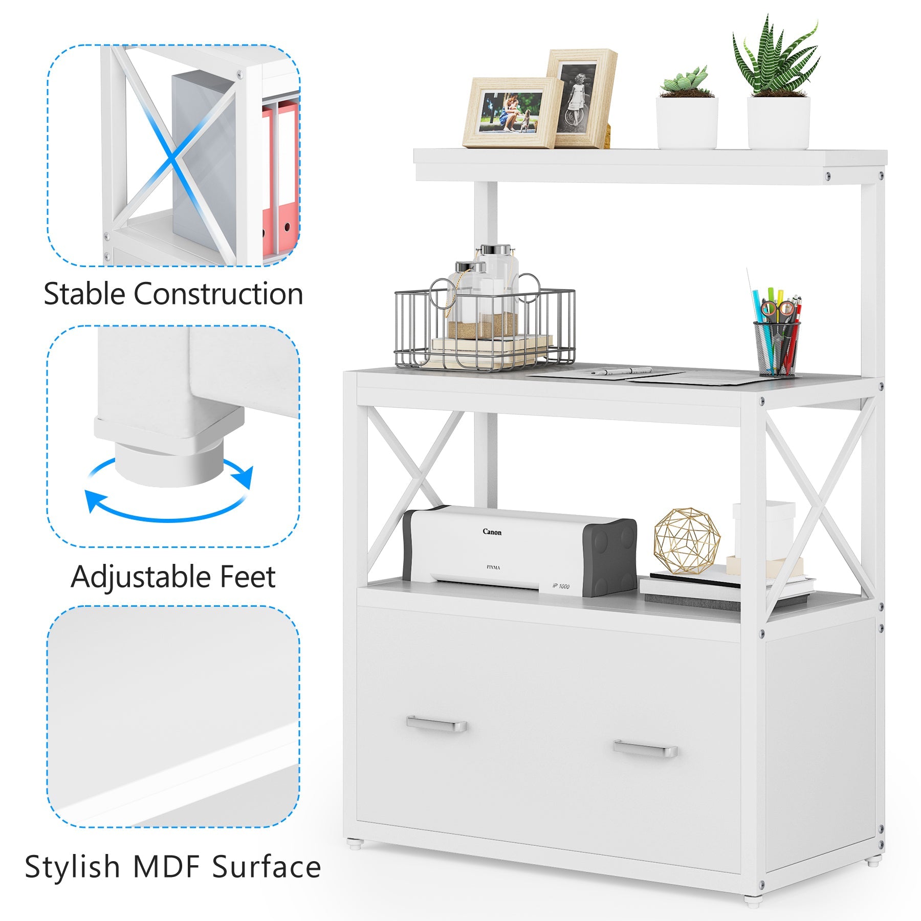 Lateral File Cabinet Printer Stand with Drawer & Shelves