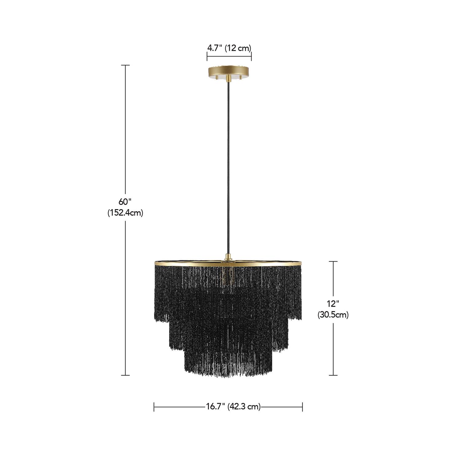 Globe Electric Willow 1-Light Matte Gold Pendant Light with Black Fabric Fringe Shade， 44845